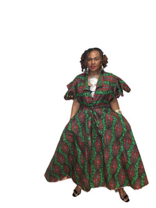 Reversible Handmade Short Sleeve Wrap Dress Multi Color/Green & Red