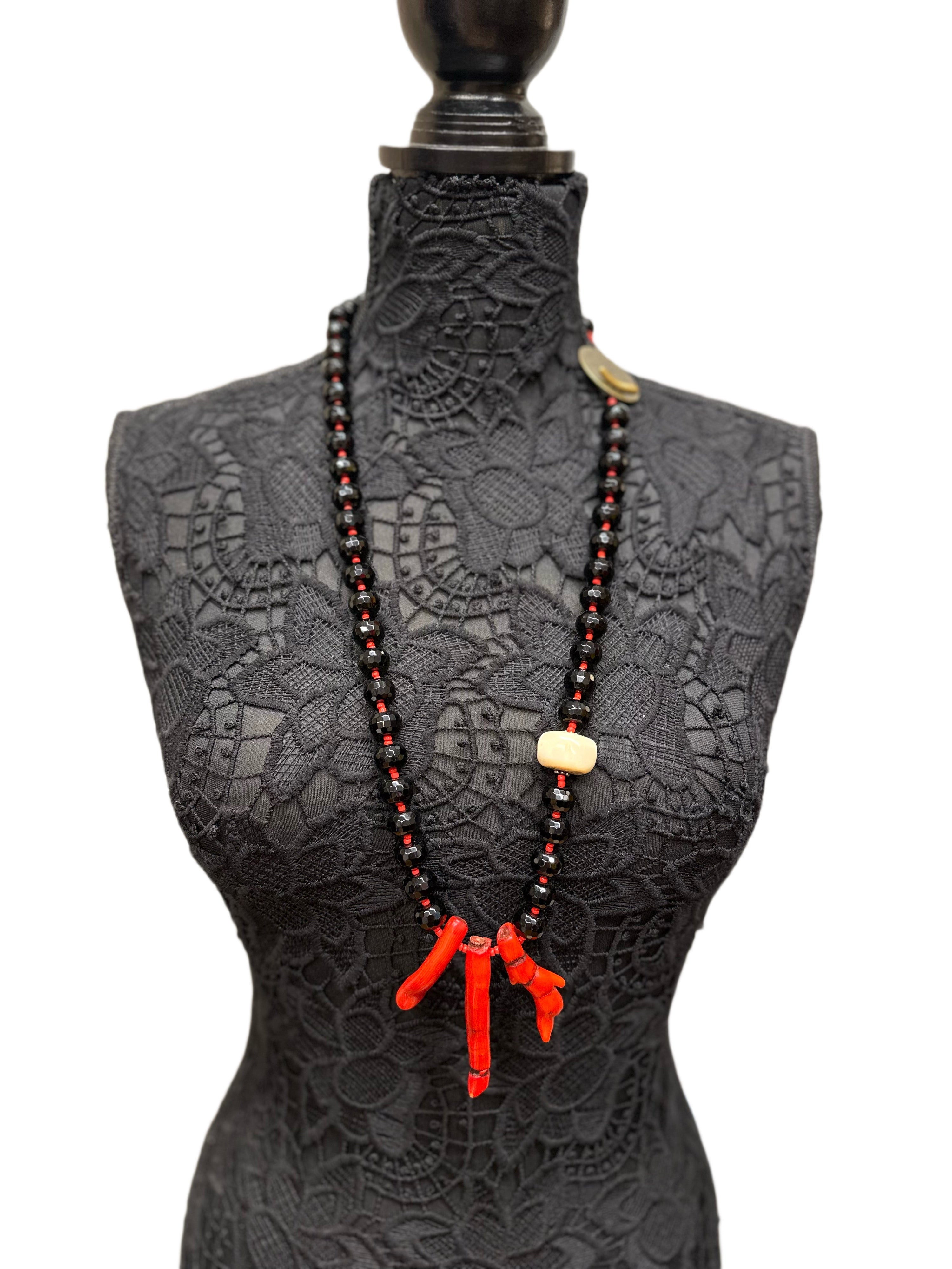Long Red Coral & Crystal Cut Black Onyx Handmade Beaded Necklace with Brass Clasp