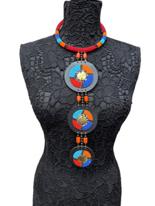 Multi Color Handmade Beaded Choker Necklace with Leather & Brass Pendants