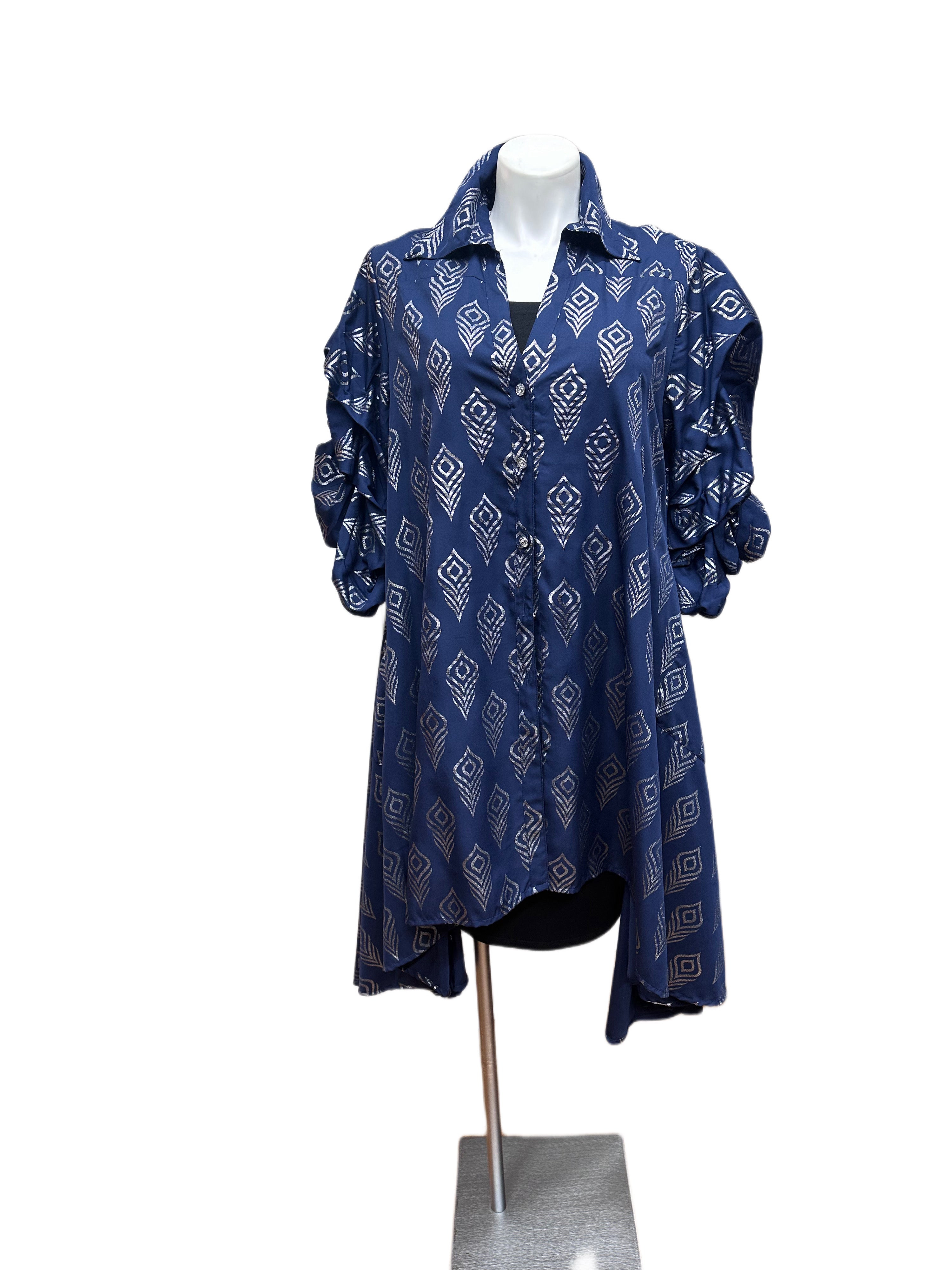 Puff Sleeve Navy with Silver Print Tunic Dress