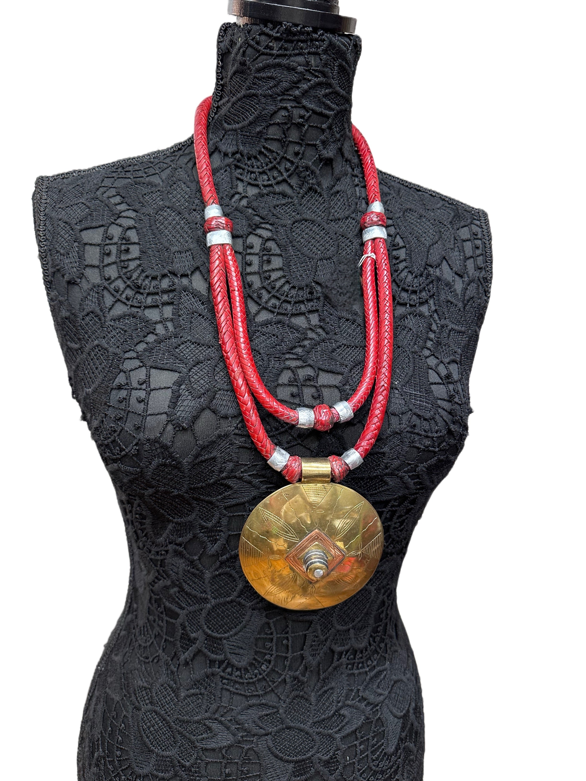 Red Leather Layered Necklace Large Metal Pendant