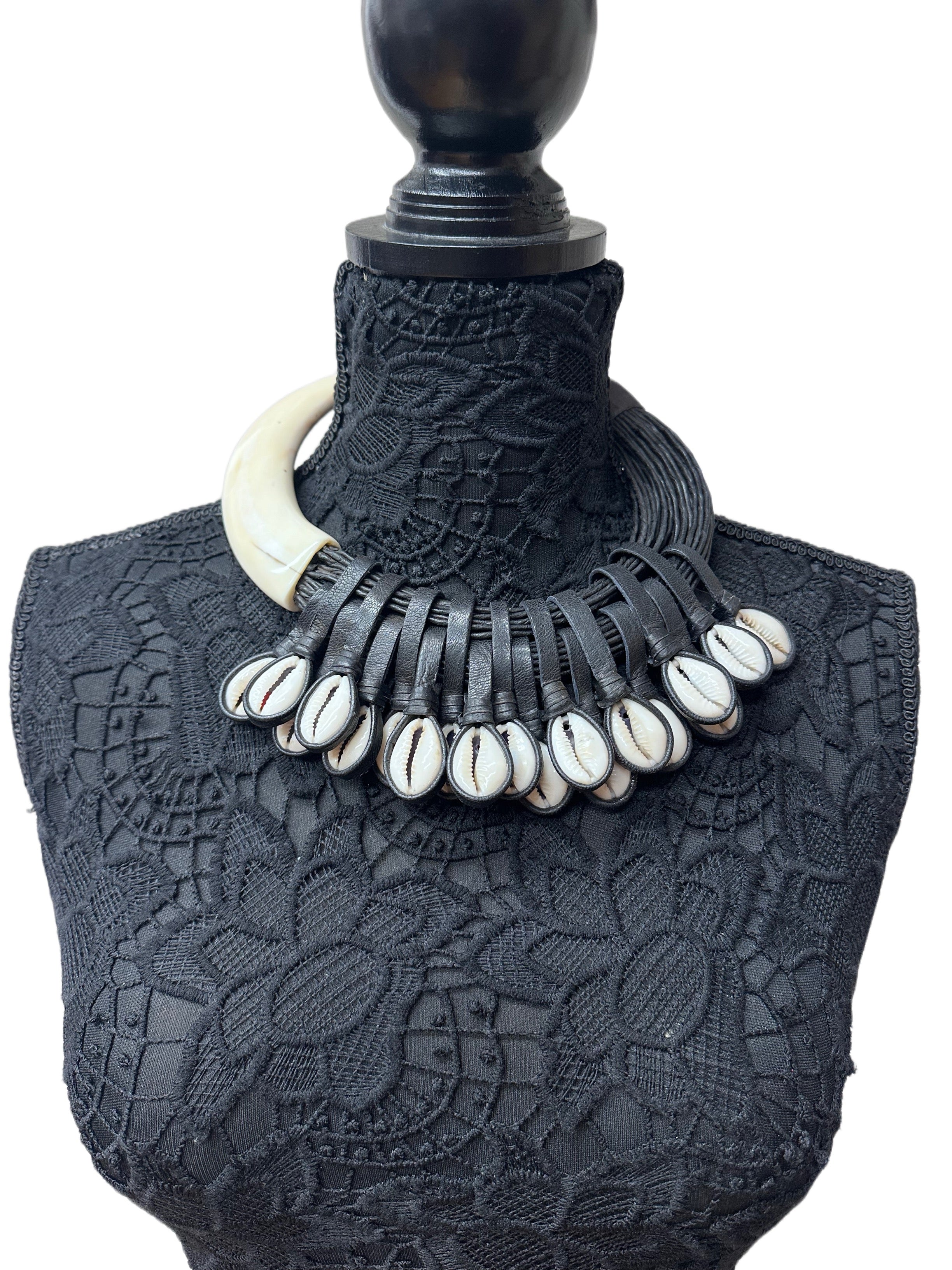 Handmade Bone Rolled Leather and Cowrie Shell Necklace