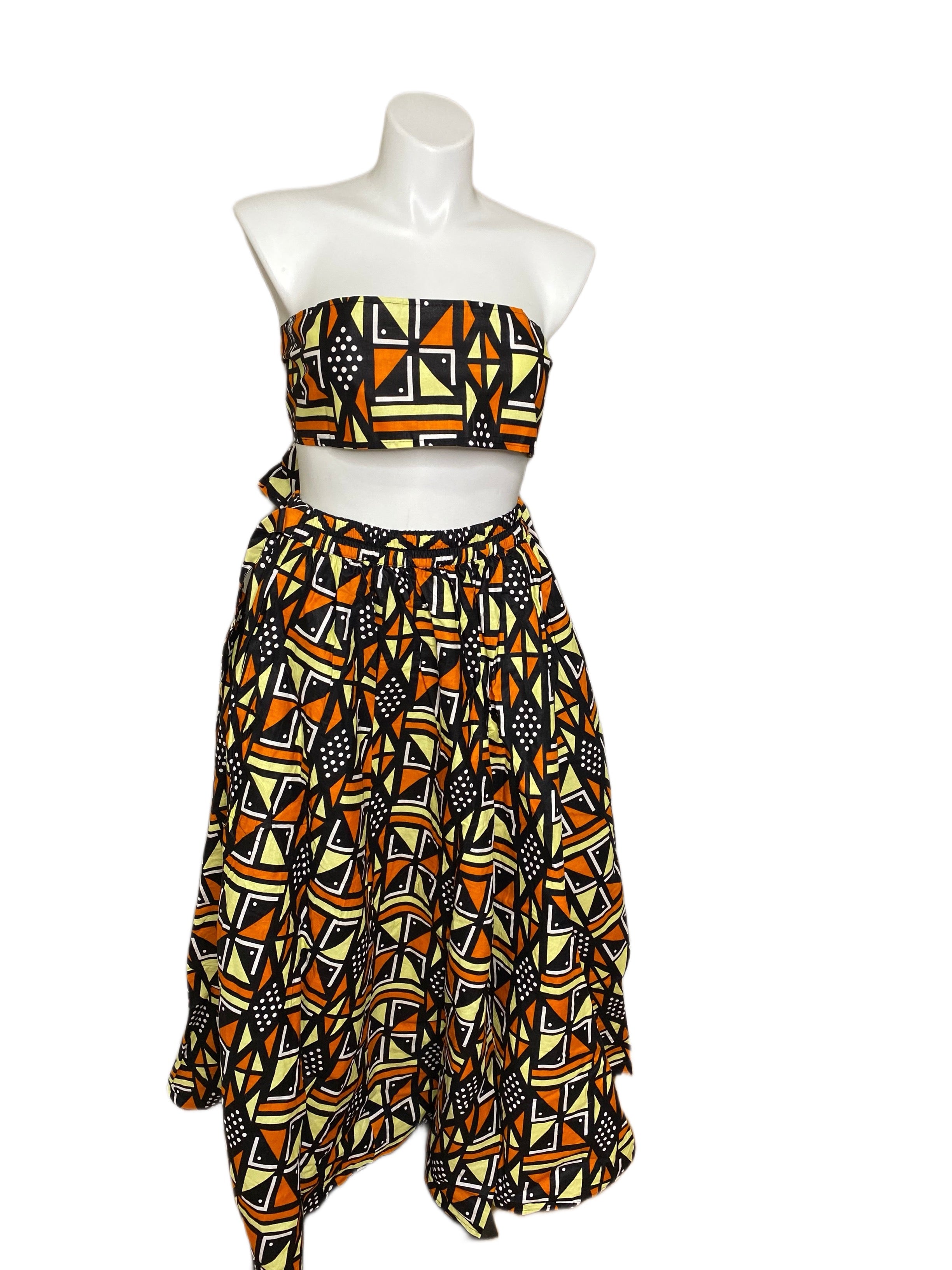 3 Piece Ankara Print Bag, Skirt, & Scarf Set Orange/Black Multi