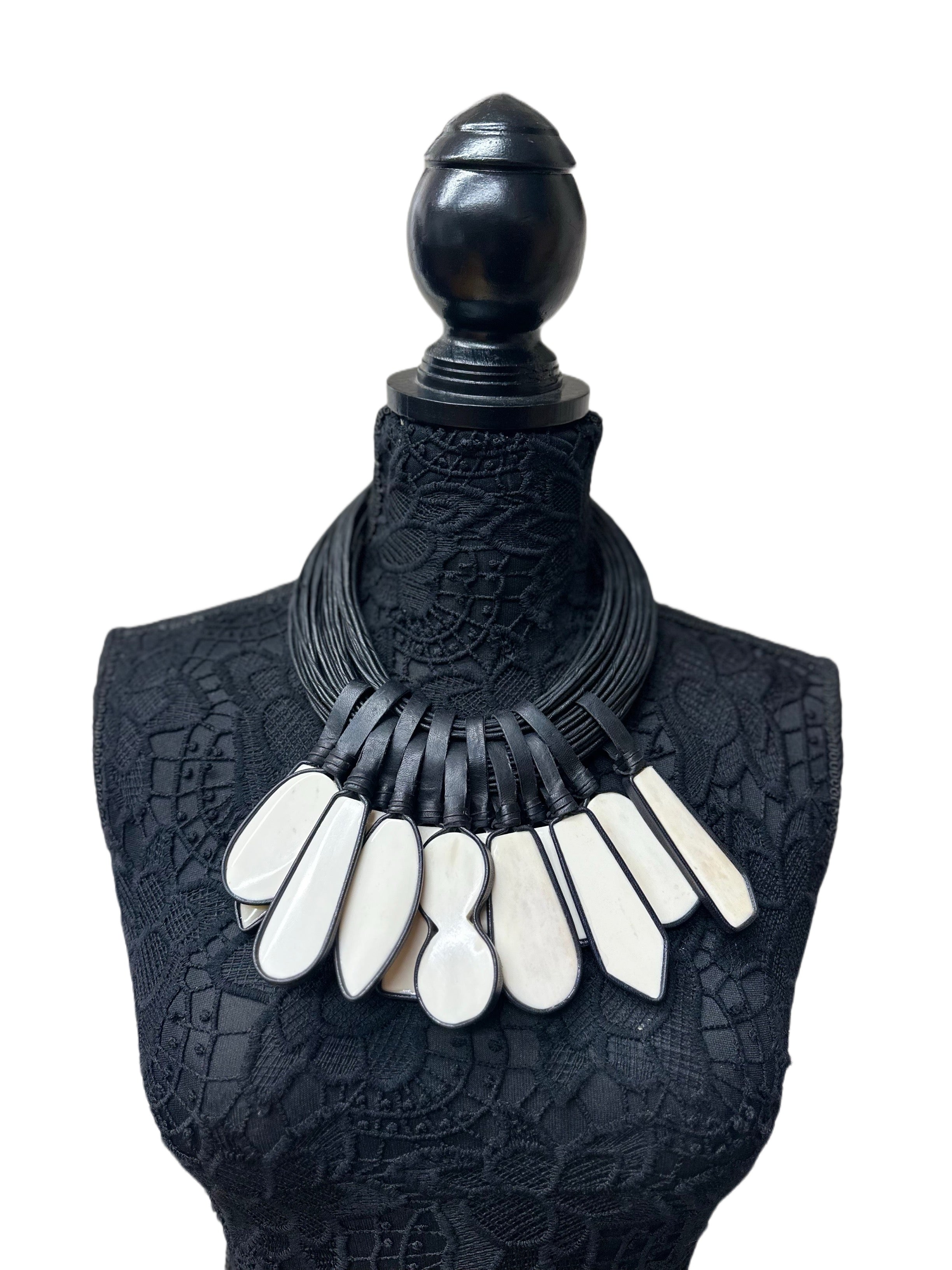 Black Rolled Leather and Bone Necklace