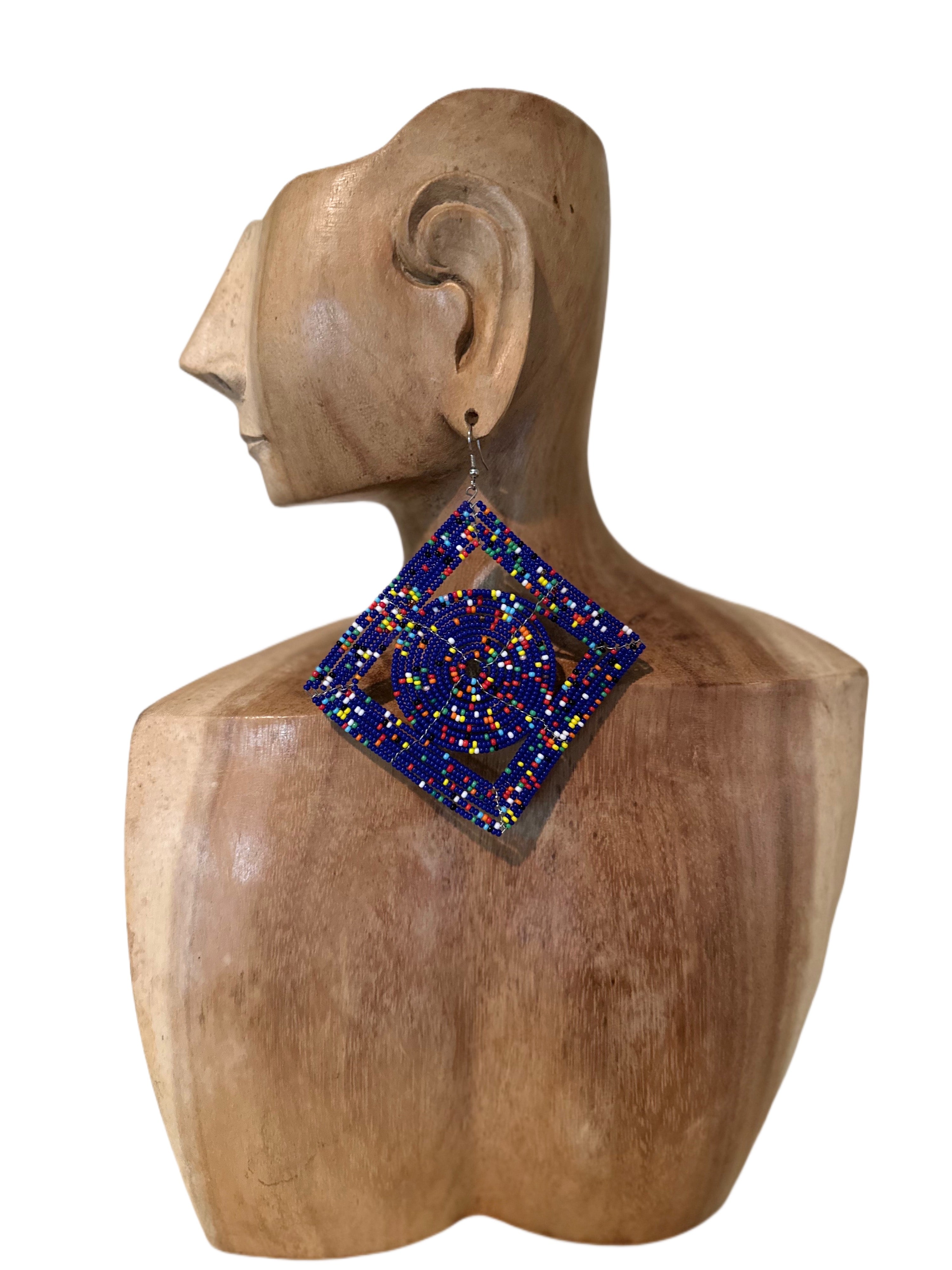 Handmade Diamond Shaped Seed Bead Earrings Royal Blue Multi