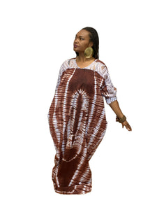 Adire' Cotton Brown & White Dress with Scarf