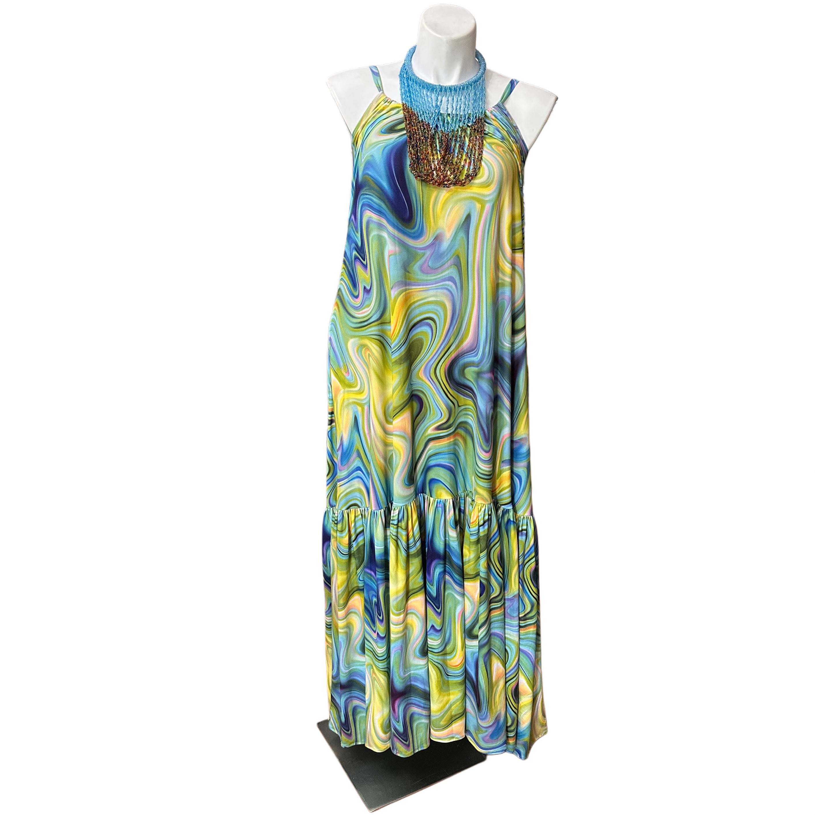 Adjustable Strap Maxi Dress Blue Green Multi