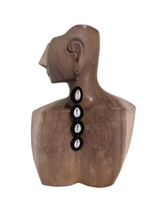 Long Handmade Beaded Cowrie Earrings Black