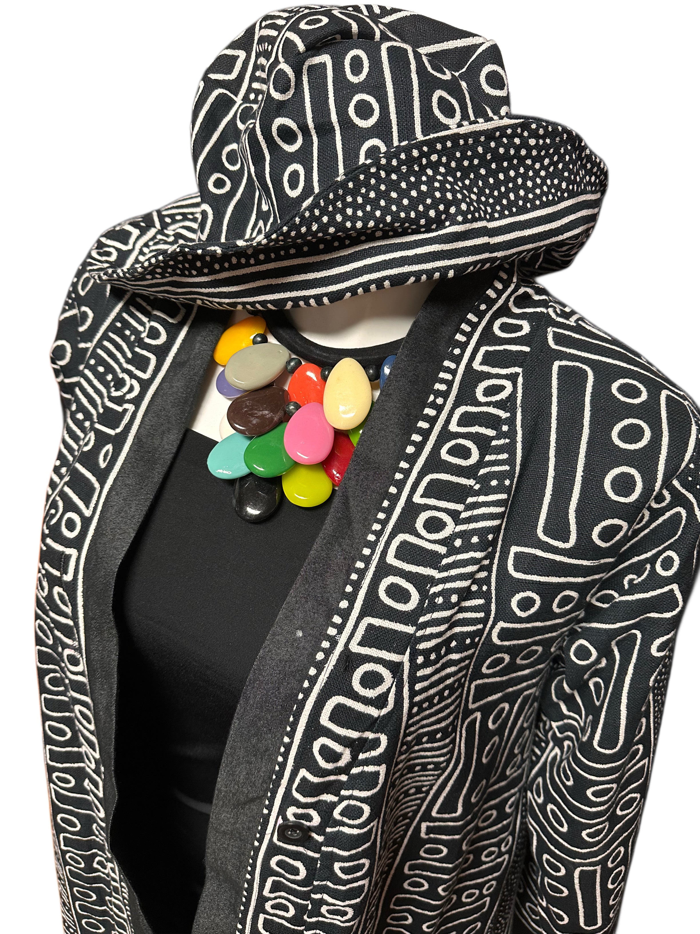 Mud Cloth long Sleeve Button Front Jacket & Hat Set Black & White Print