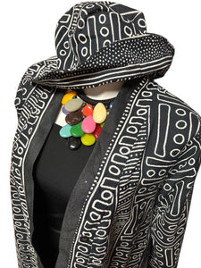 Mud Cloth long Sleeve Button Front Jacket & Hat Set Black & White Print