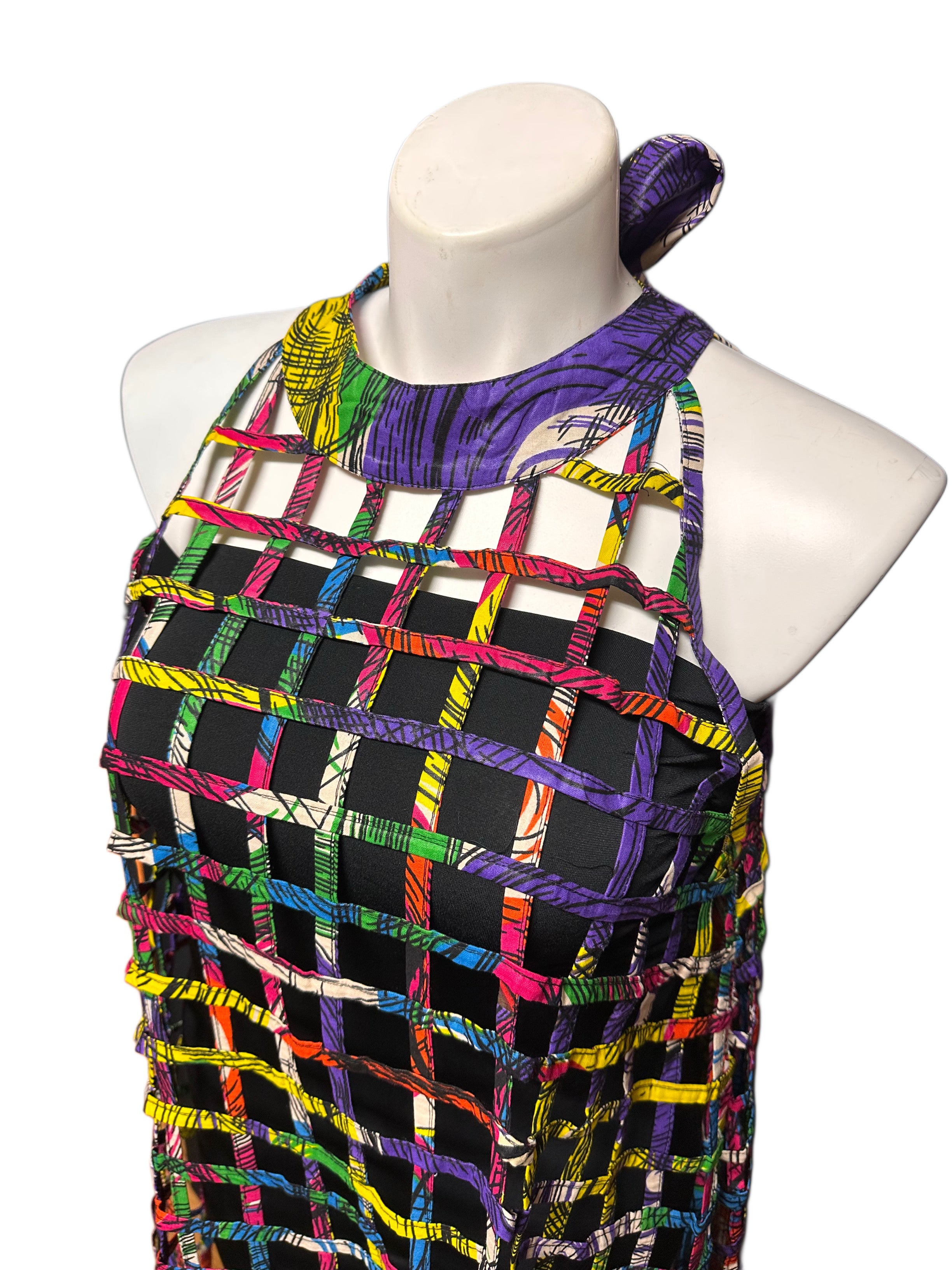 Ankara Tie Neck Cage Dress With Belt