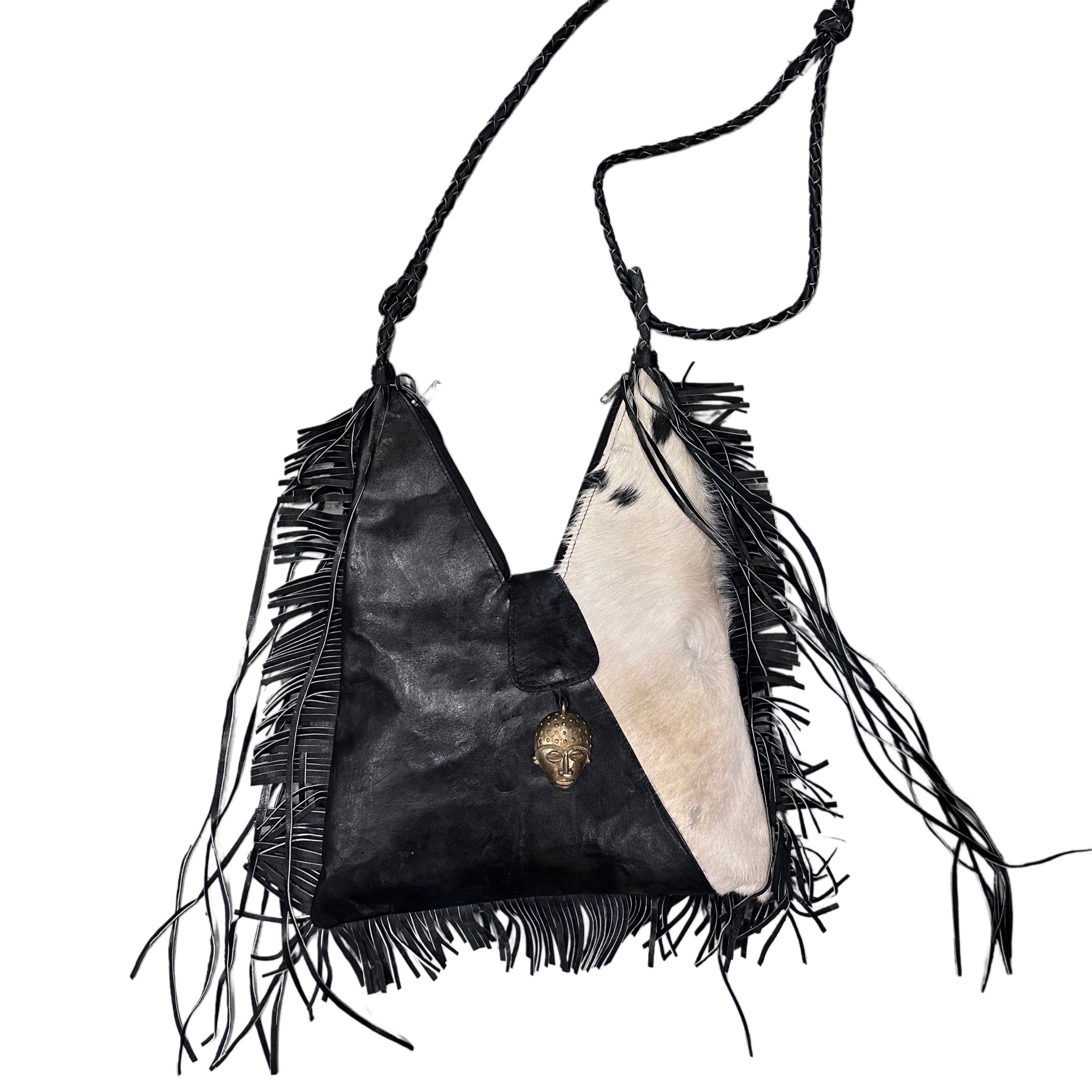 Handmade Leather & Cowhide Fringe Bag With Large Brass Closure