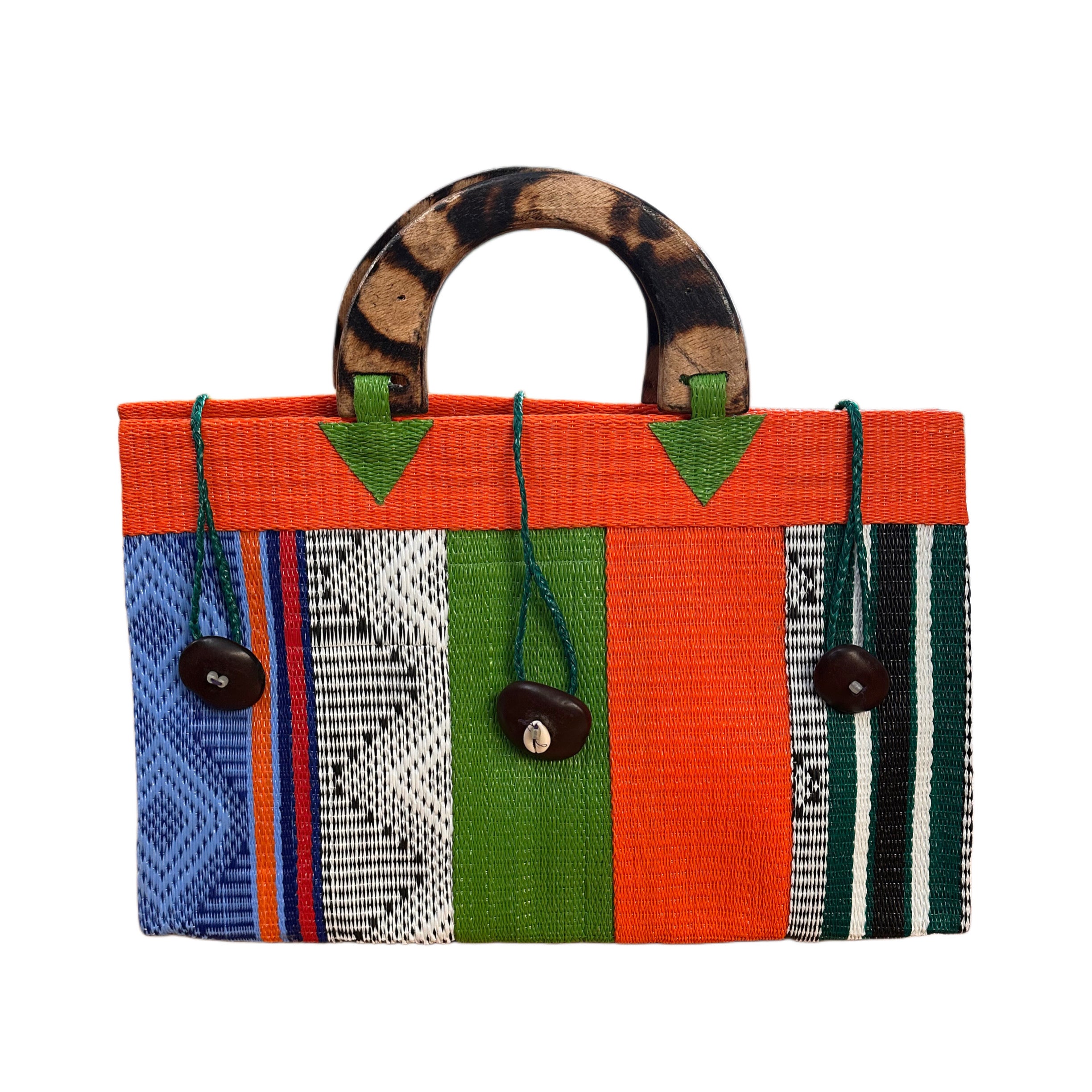 Yellow & Black Handwoven Recycled Tote Bag With Carved Wood Handles