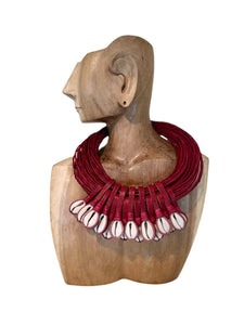 Red Rolled Leather and Cowrie Necklace