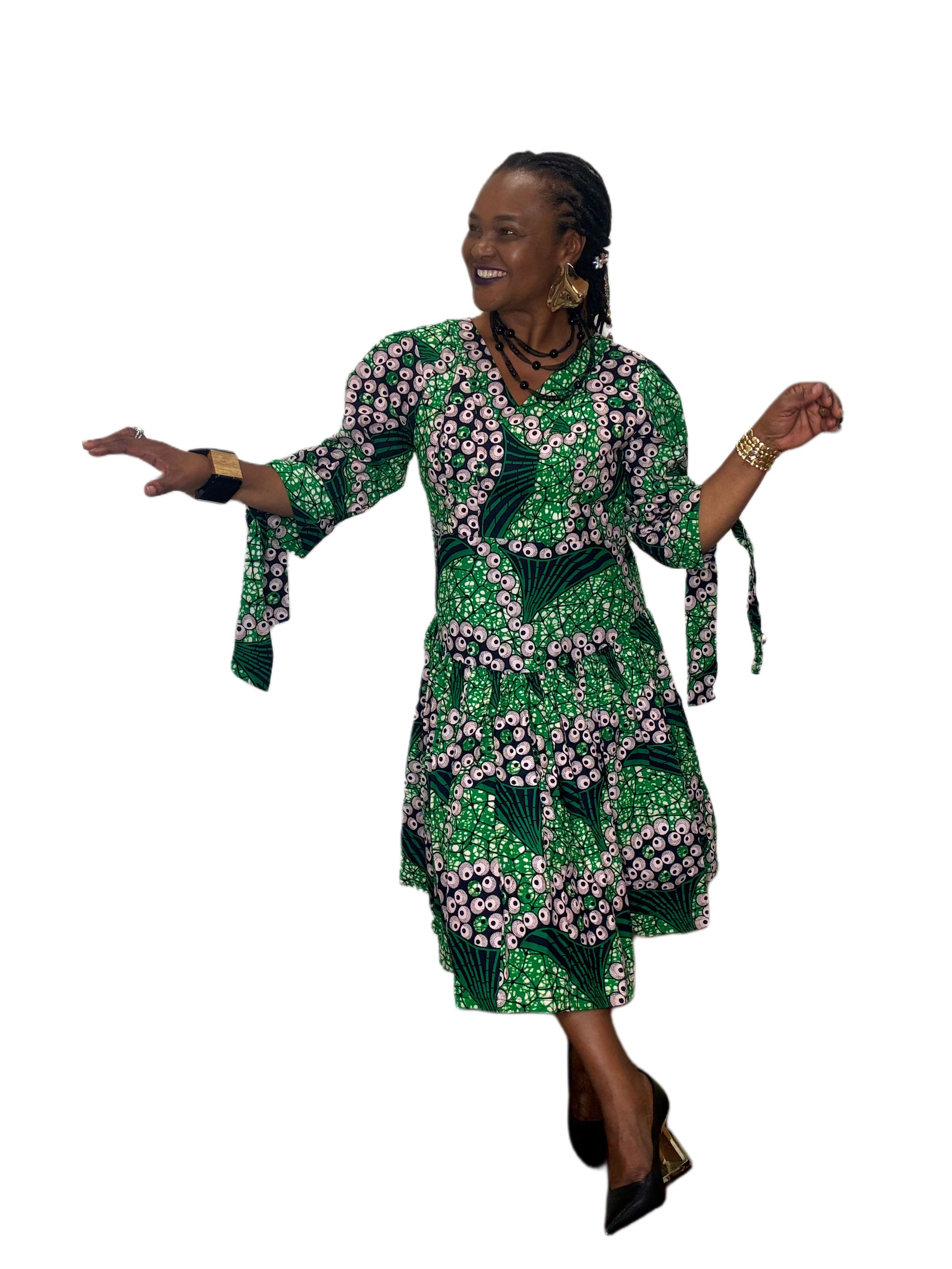 Ankara Handmade A-Line Dress With Tie Sleeve