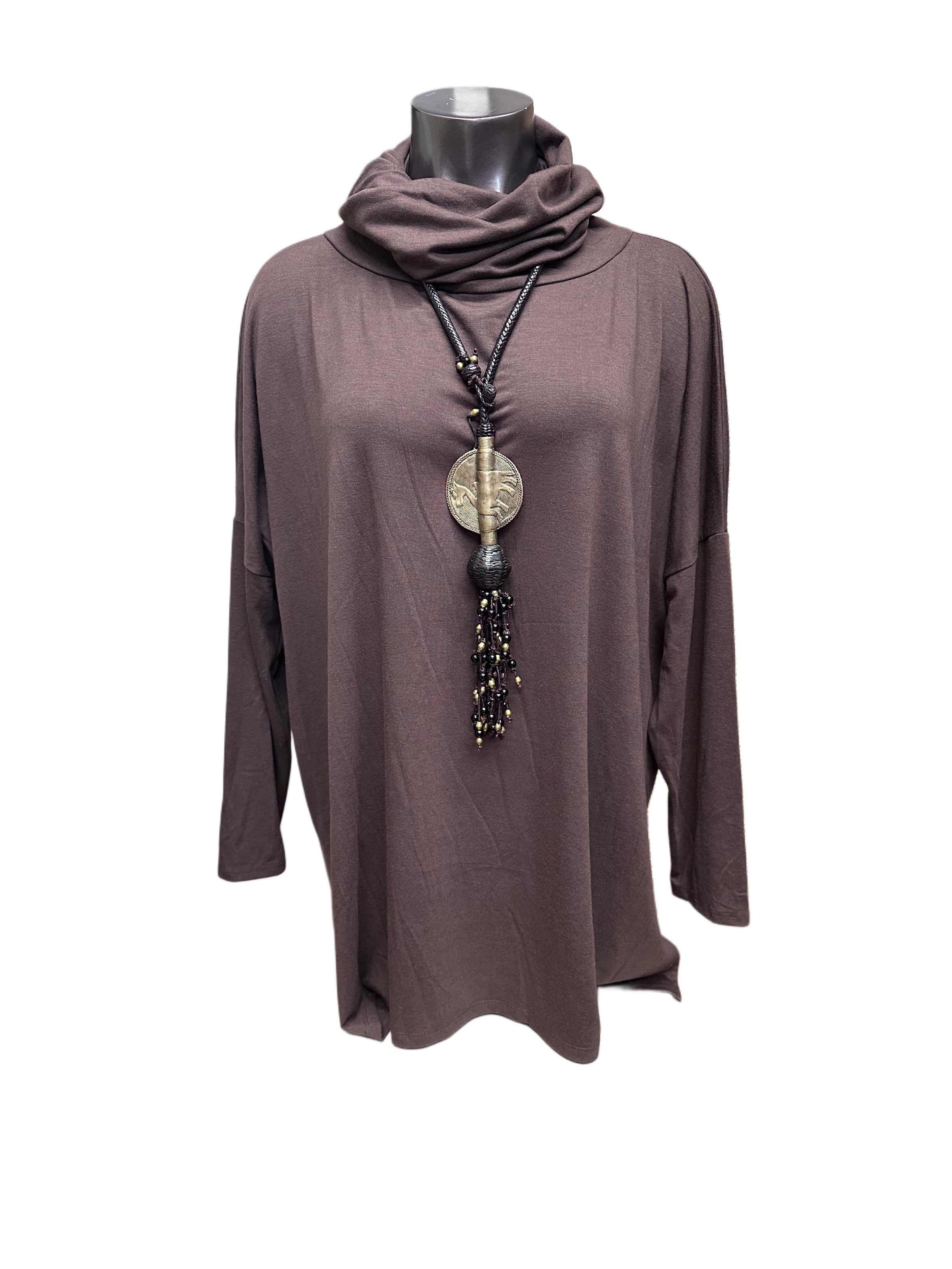 Jersey Loose Fit Turtleneck Top Brown