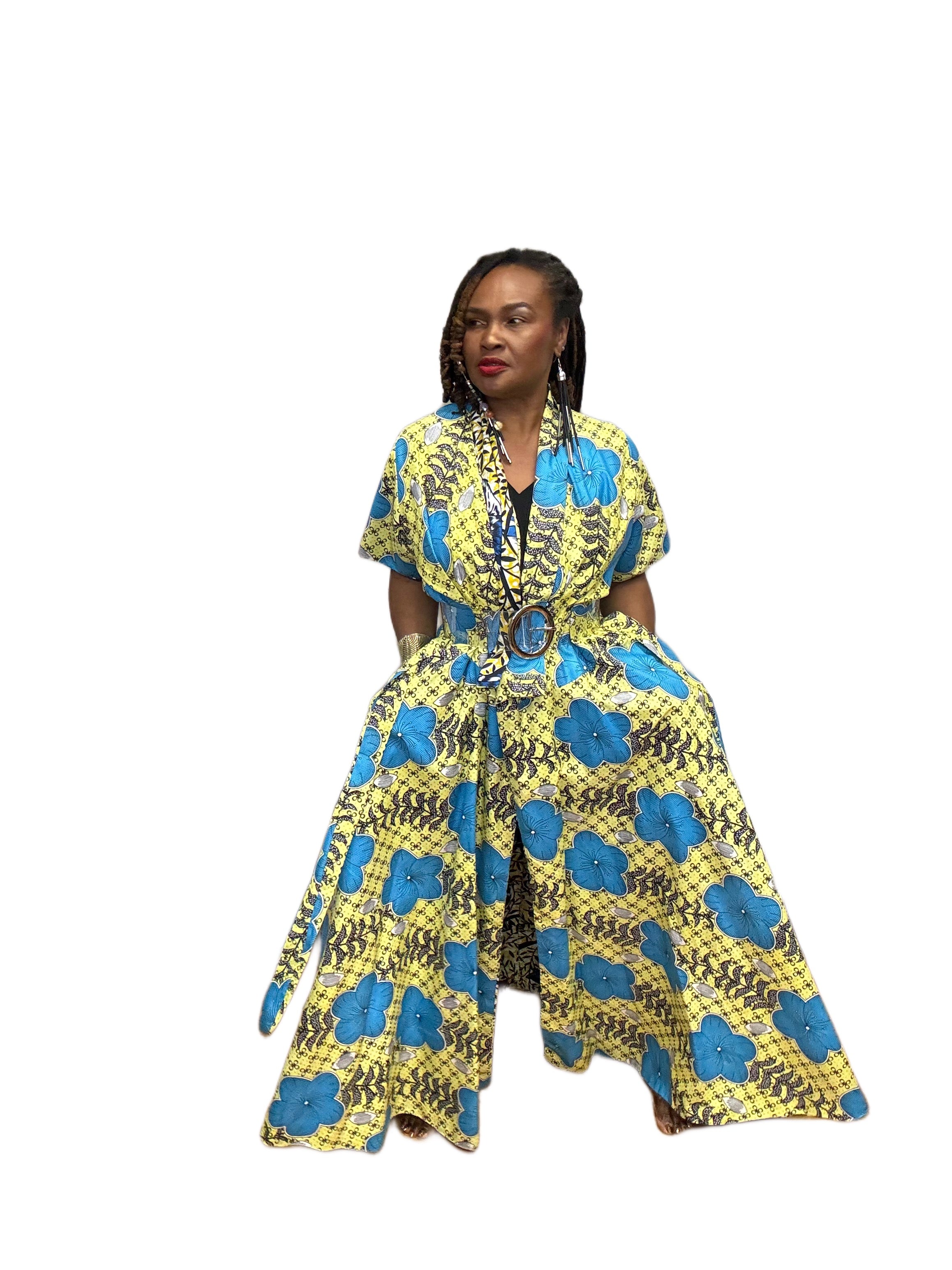 blue and yellow wrap dress Yellow and Blue Belted Wrap Event Dress