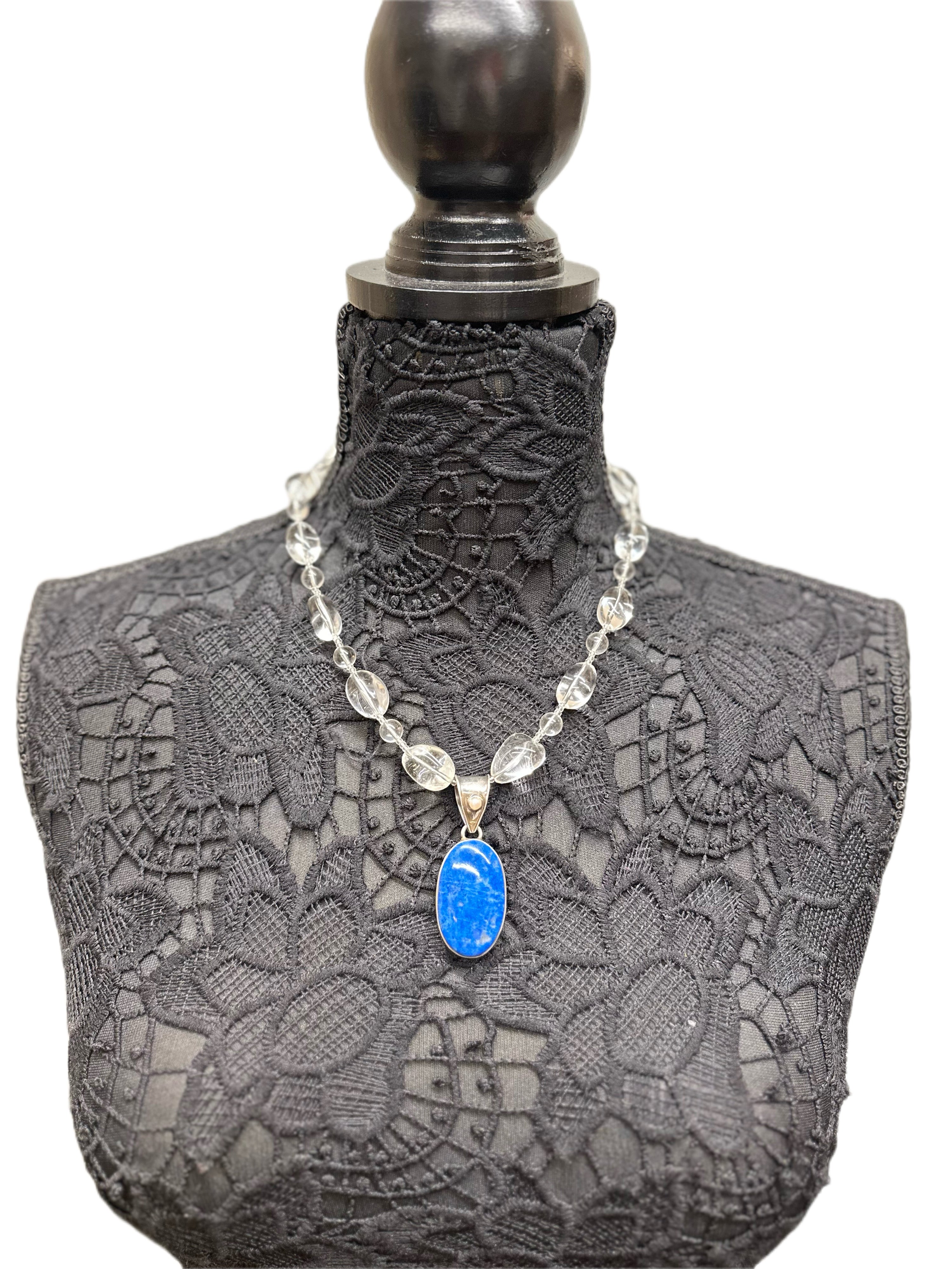 Handmade Clear Crystal Necklace with Lapis Pendant