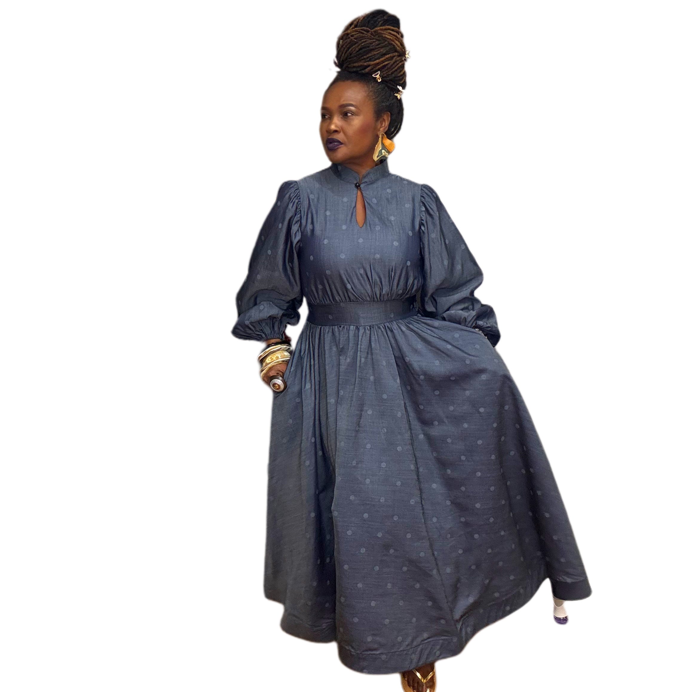 Long Sleeve Denim Subtle Dot Maxi Dress