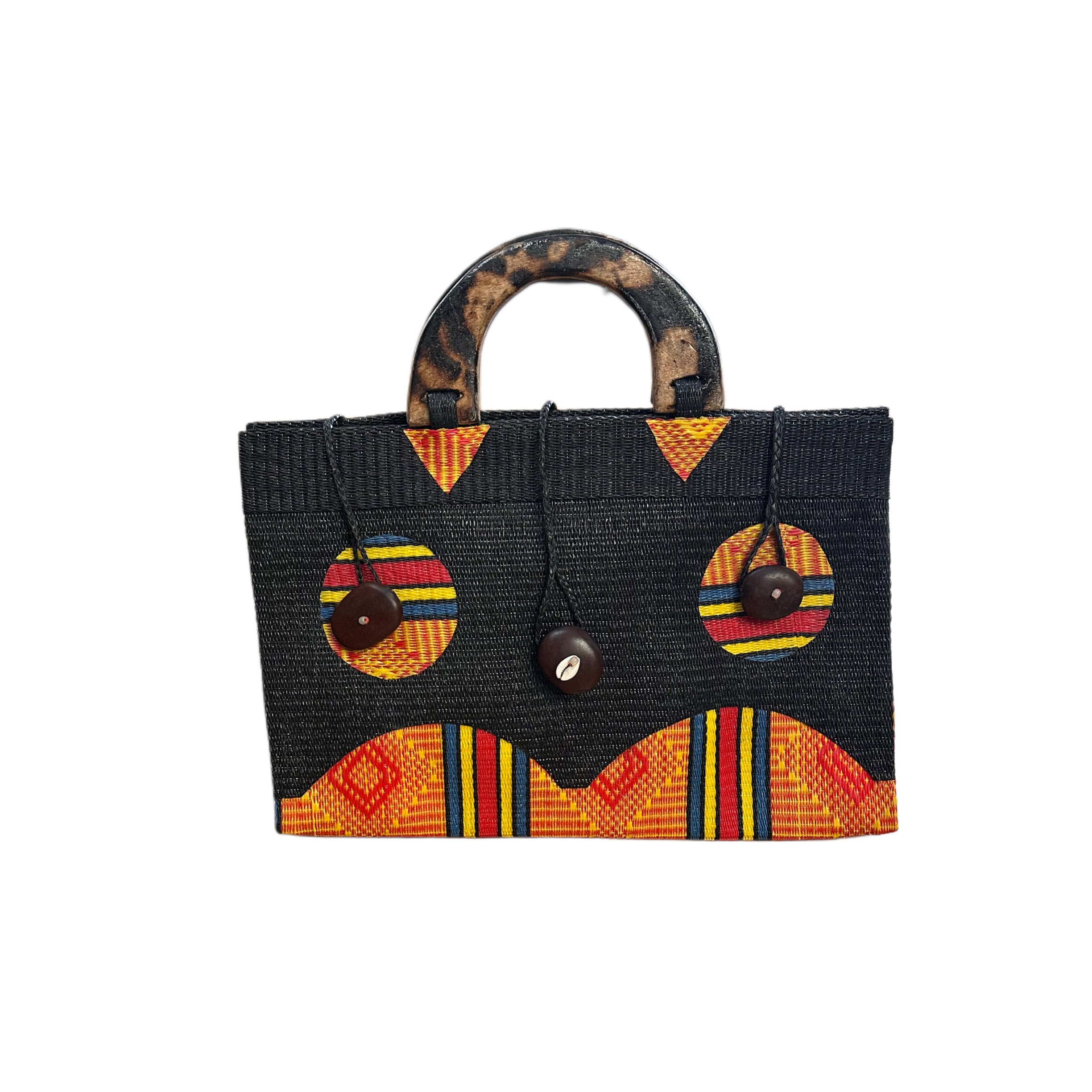 Red Handwoven Recycled Tote Bag With Carved Wood Handles