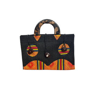 Red Handwoven Recycled Tote Bag With Carved Wood Handles