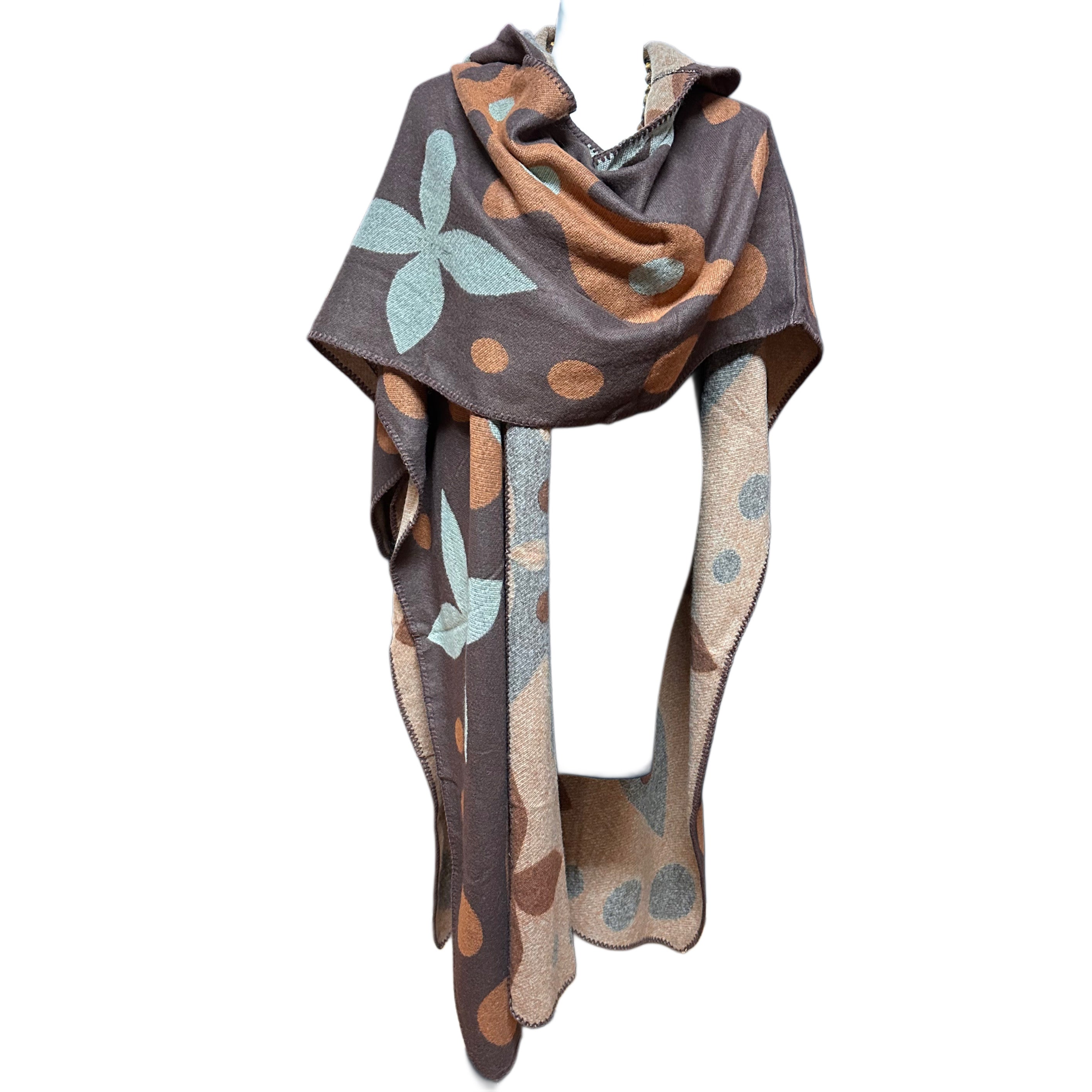Brown Print Hooded Long Sweater Shawl