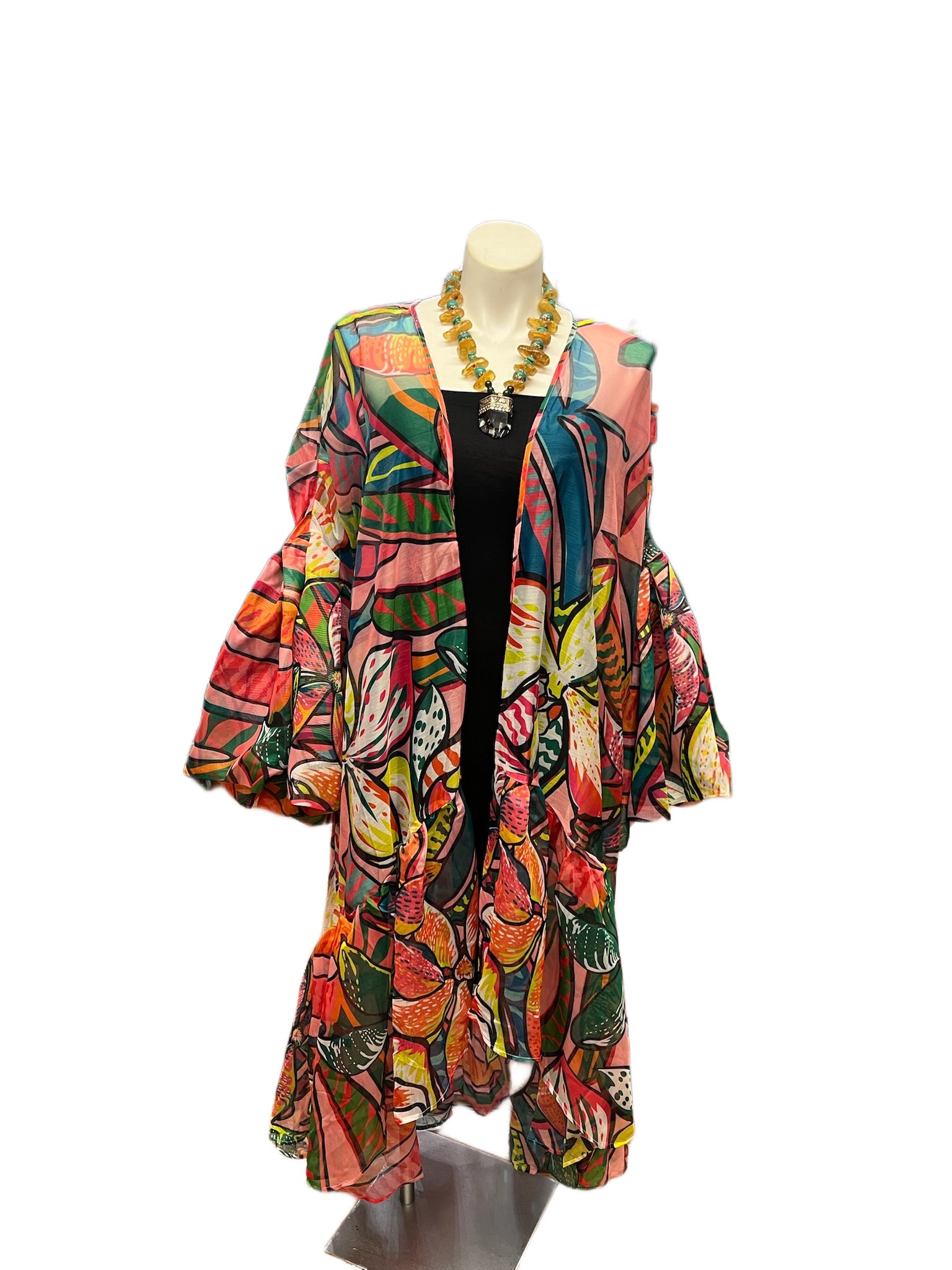 Sheer Print High Low Ruffle Sleeve Duster