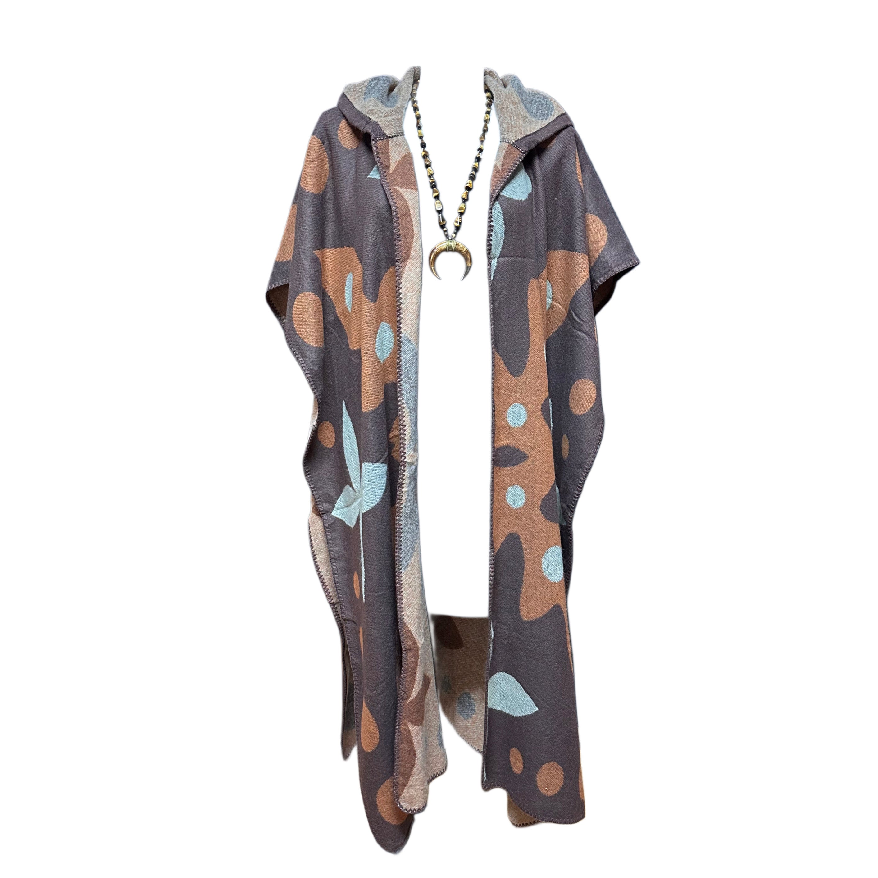 Brown Print Hooded Long Sweater Shawl