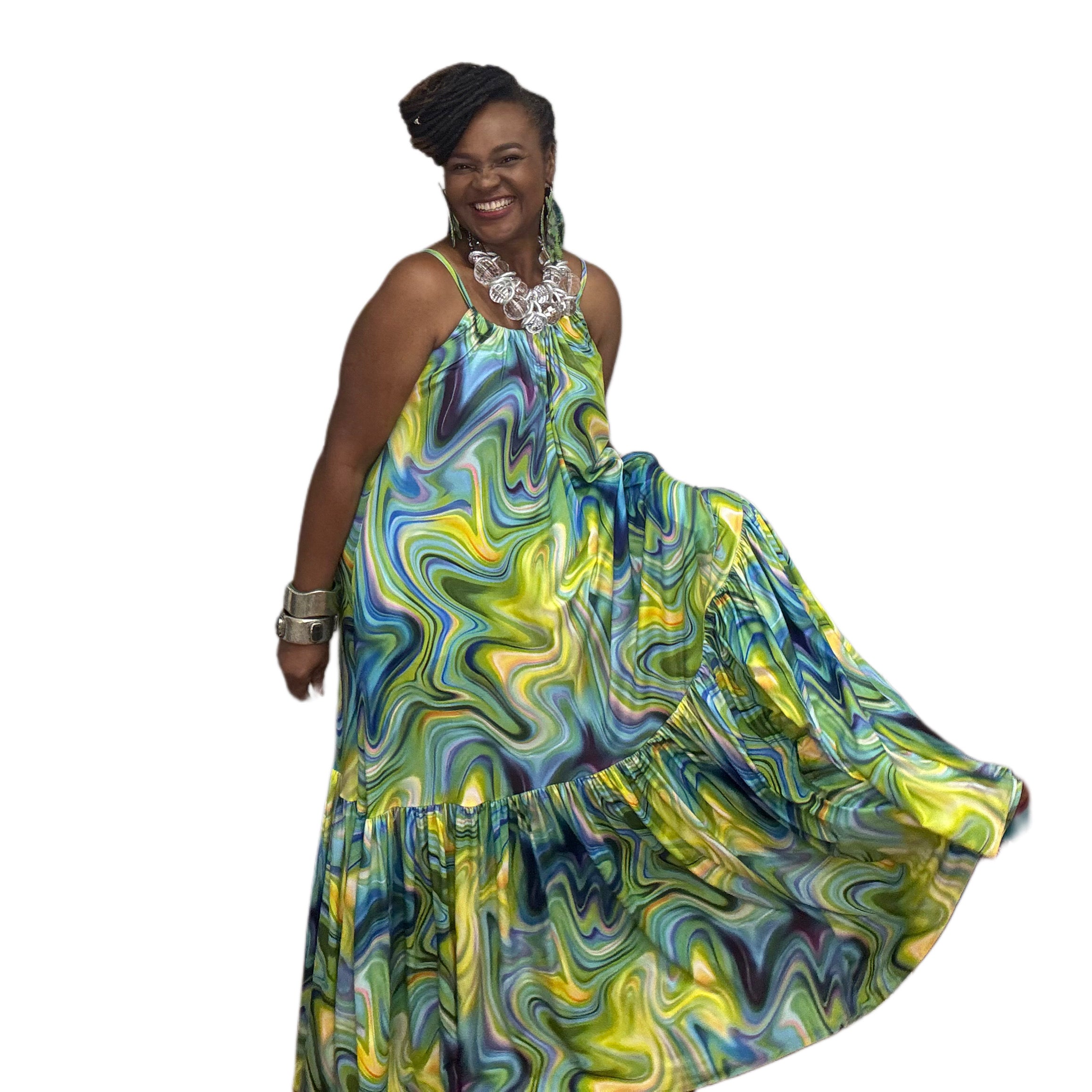 Adjustable Strap Maxi Dress Blue Green Multi