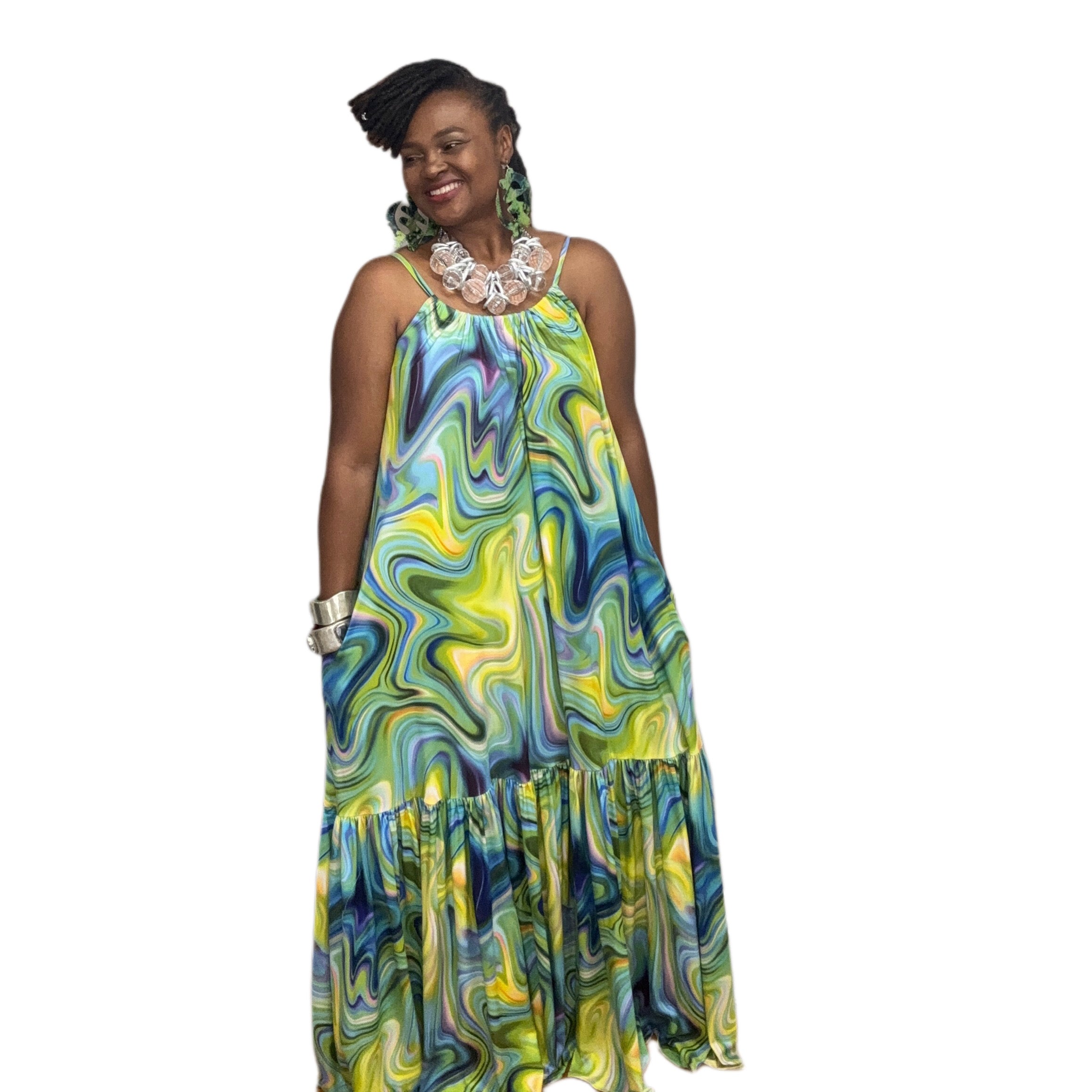 Adjustable Strap Maxi Dress Blue Green Multi
