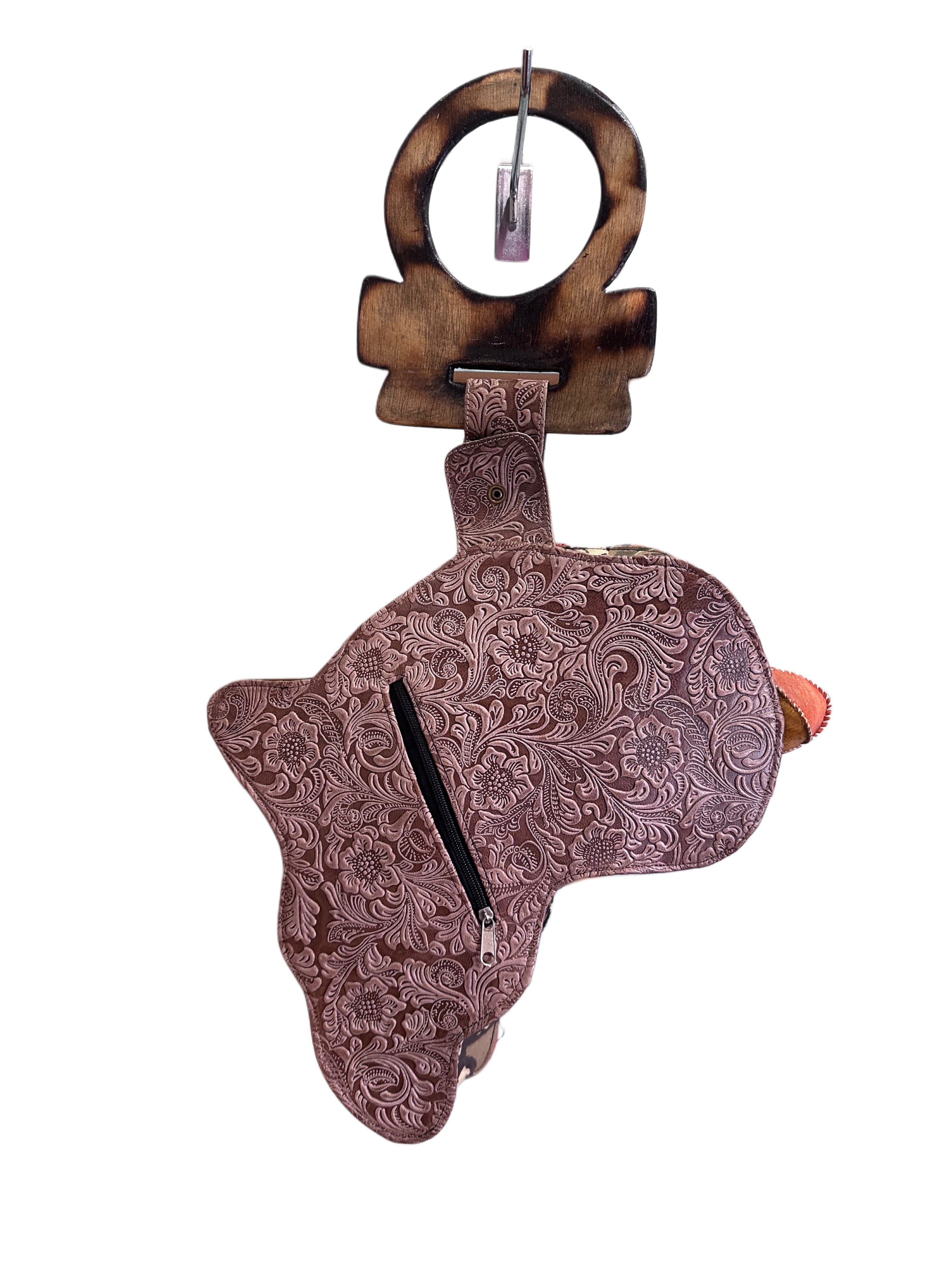 Africa Continent Shaped Bag With Large Wooden Handle Mudcloth
