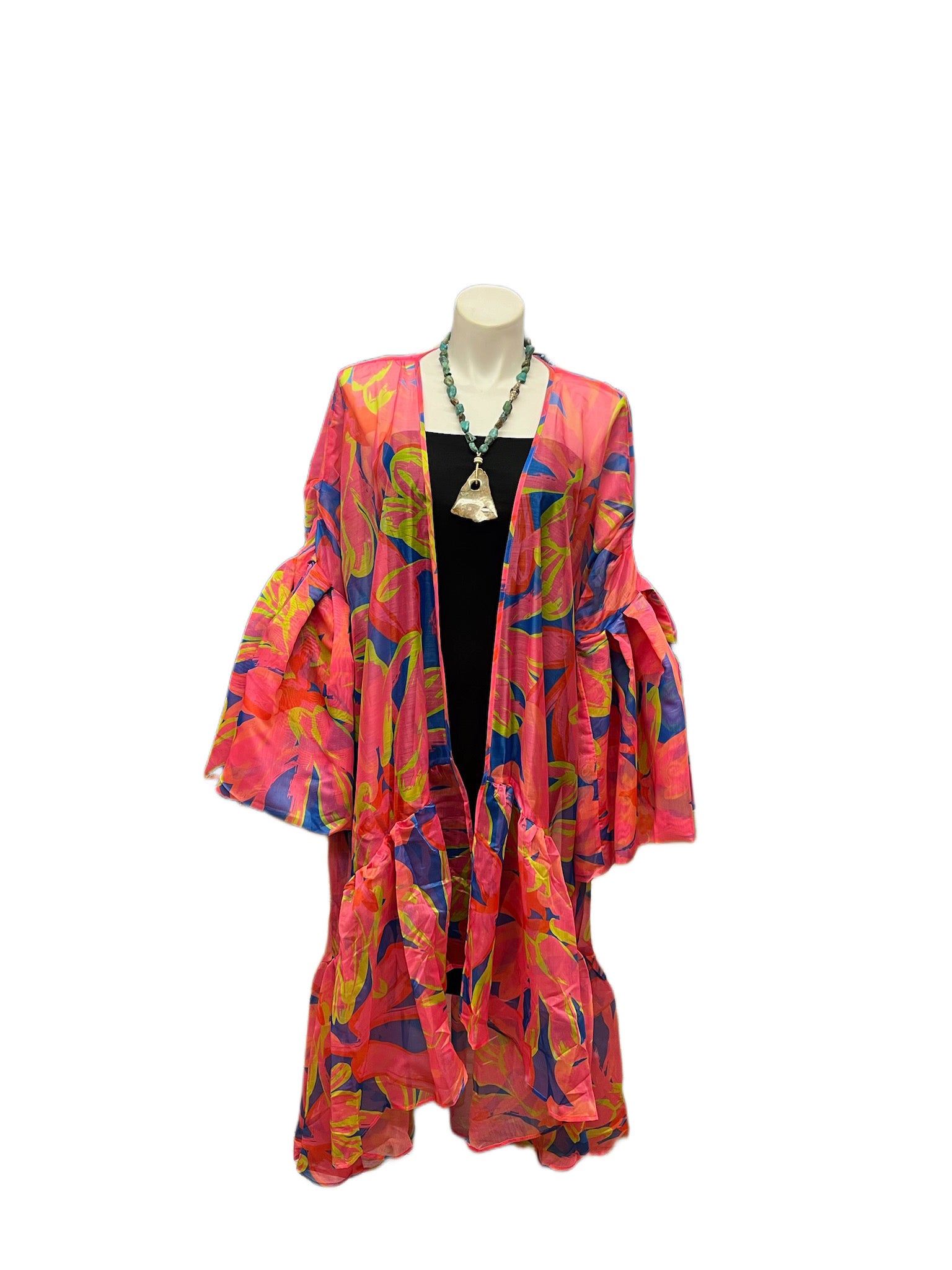 Sheer Print High Low Ruffle Sleeve Duster