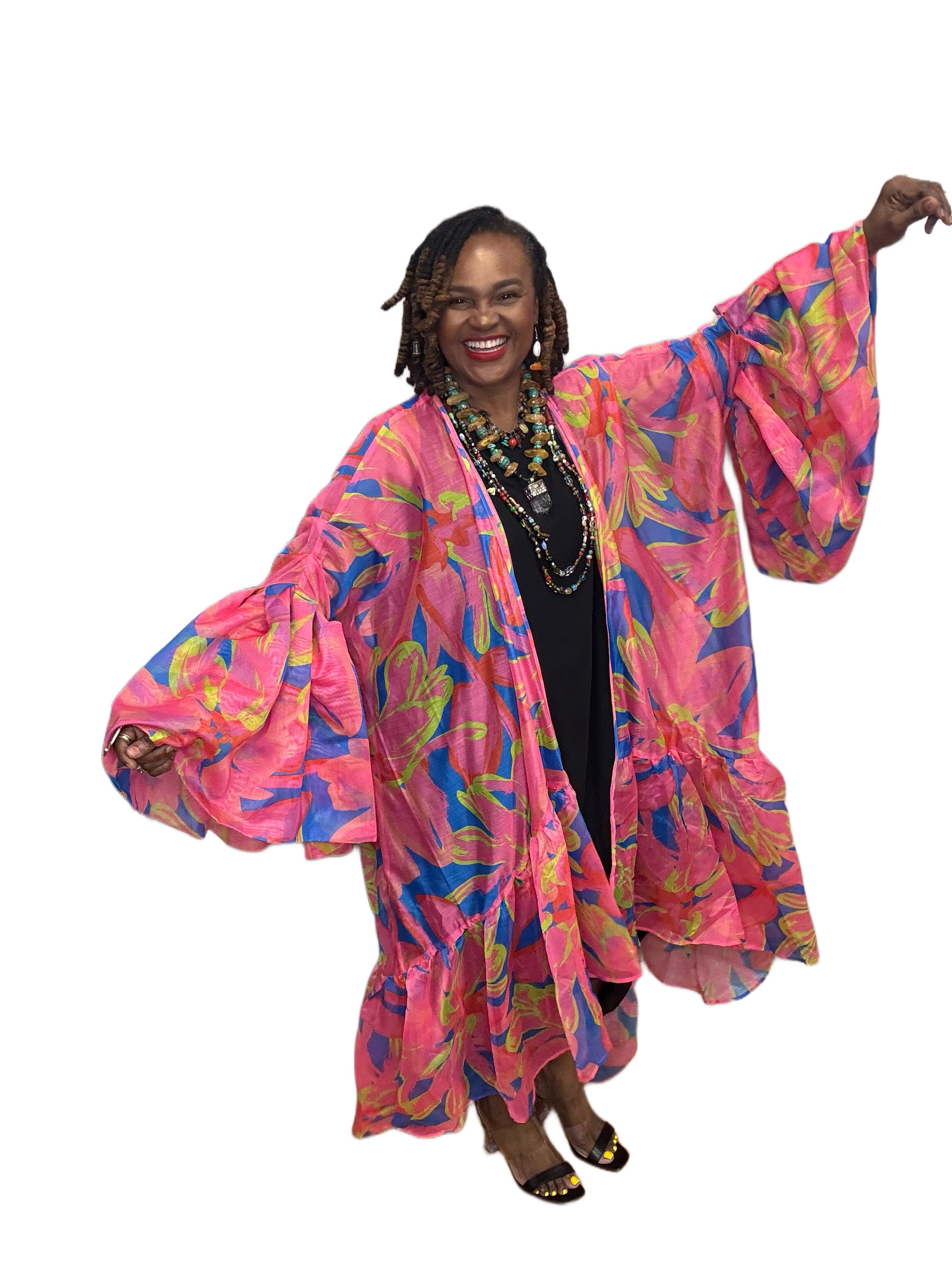 Sheer Print High Low Ruffle Sleeve Duster