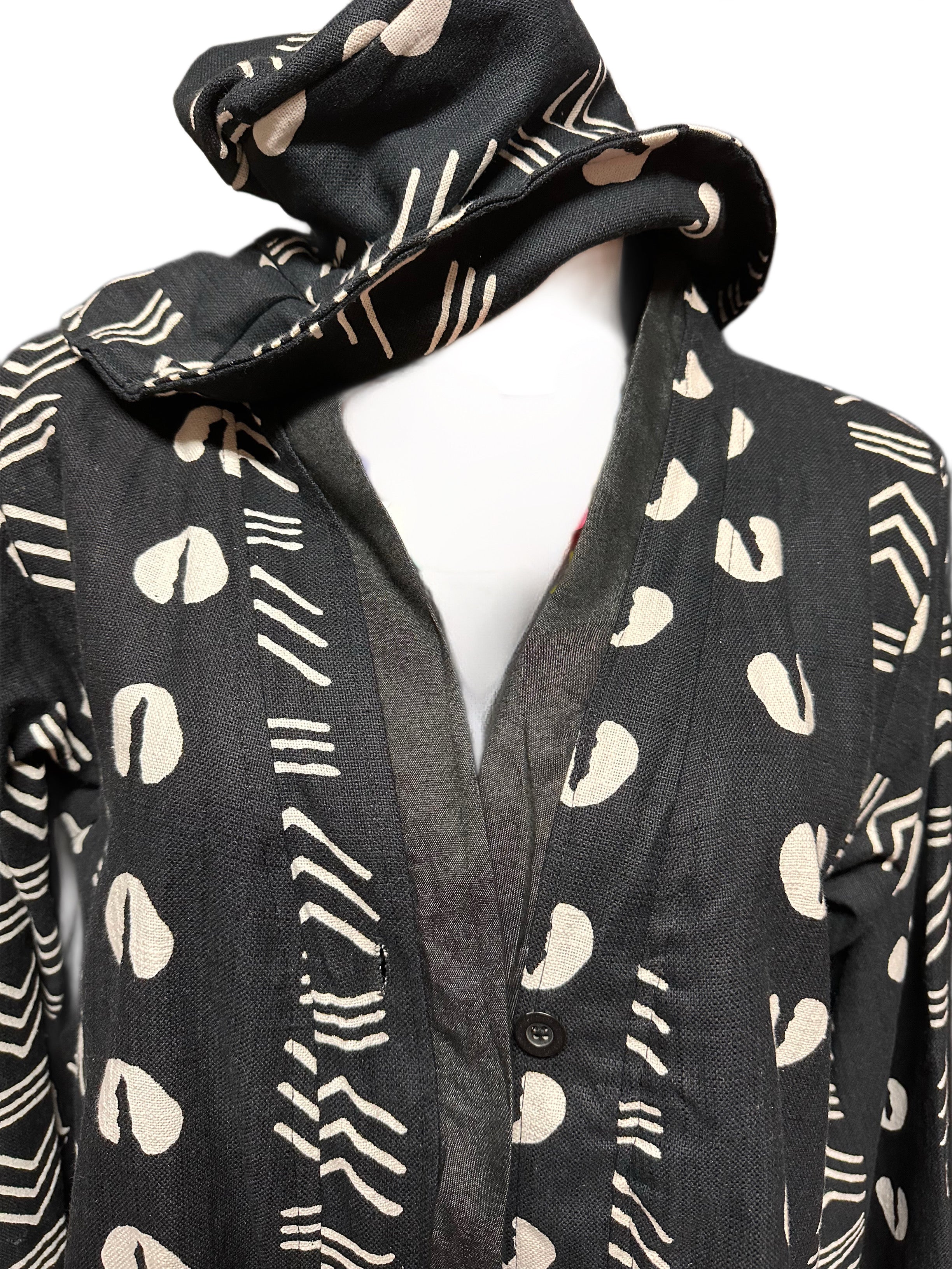 Mud Cloth long Sleeve Button Front Jacket & Hat Set Black Cowrie Print