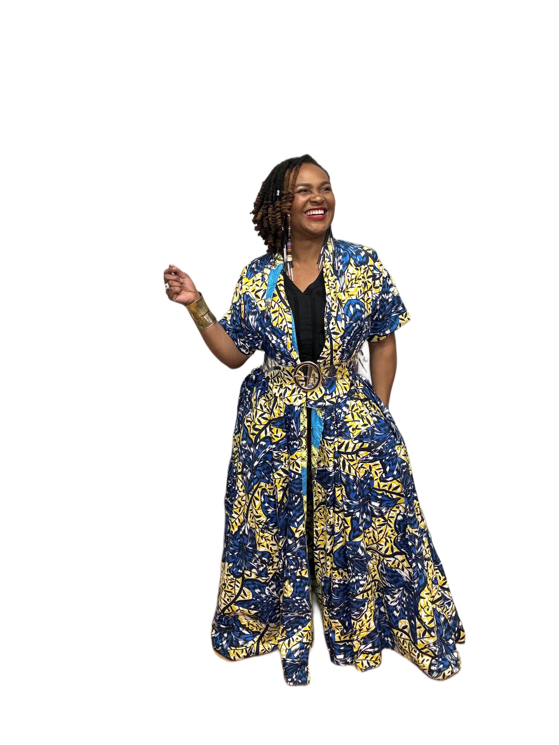 Reversible Handmade Short Sleeve Wrap Dress Blue & Yellow Print Chikodi's World Reversible Handmade Short Sleeve Wrap Dress Blue & Yellow Print Chikodi's World