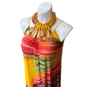 Yellow Rolled Leather Wood & Bone Collar Necklace