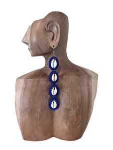 Long Handmade Beaded Cowrie Earrings Blue