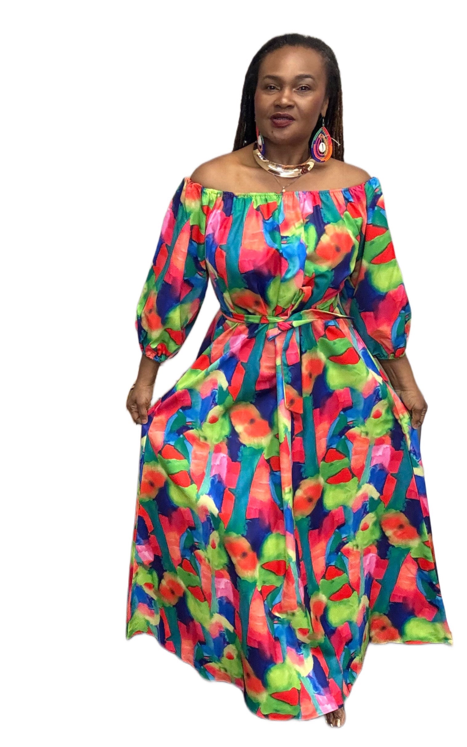 Water Color Brightly Print Off the shoulder Long Sleeve Belted Maxi Dress