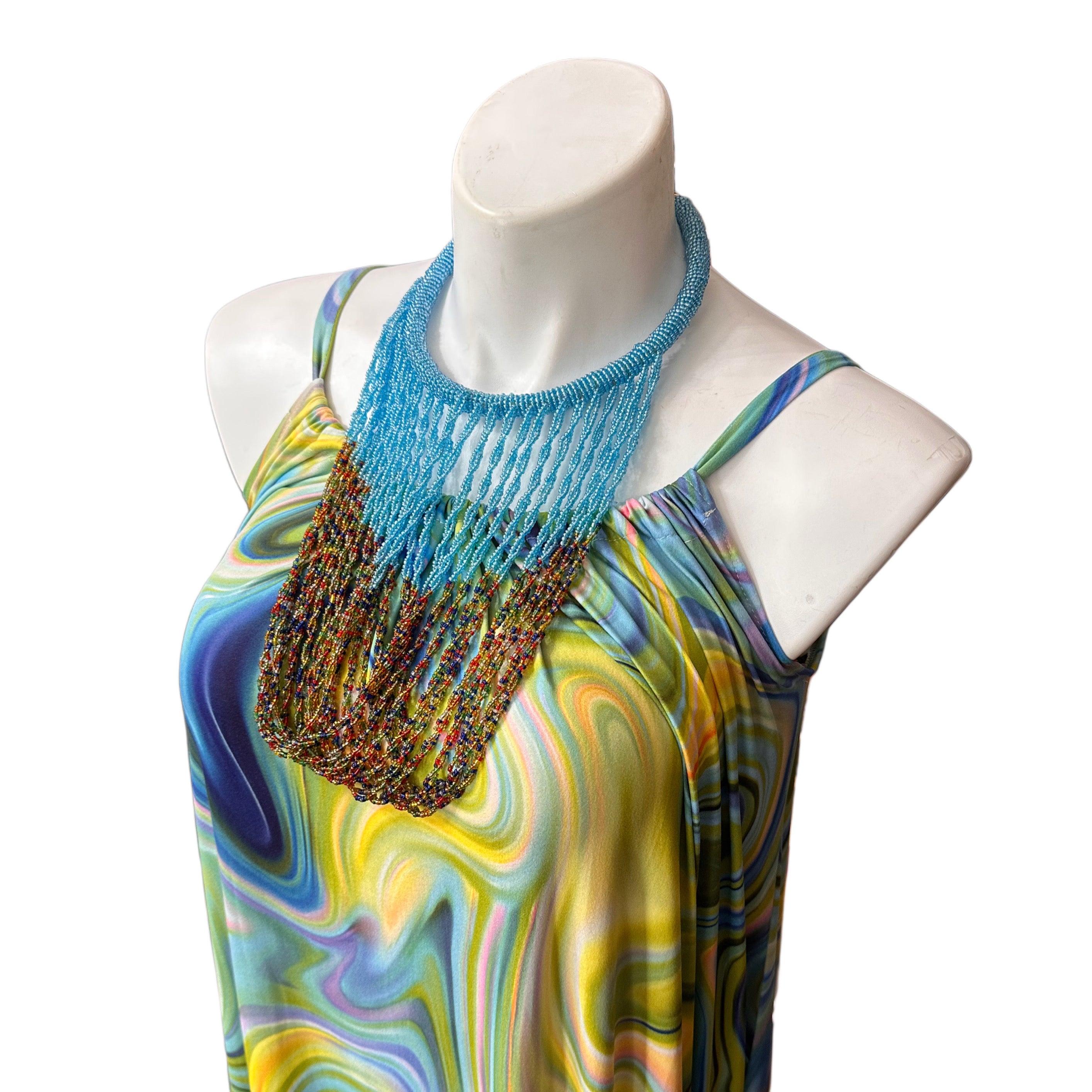 Adjustable Strap Maxi Dress Blue Green Multi