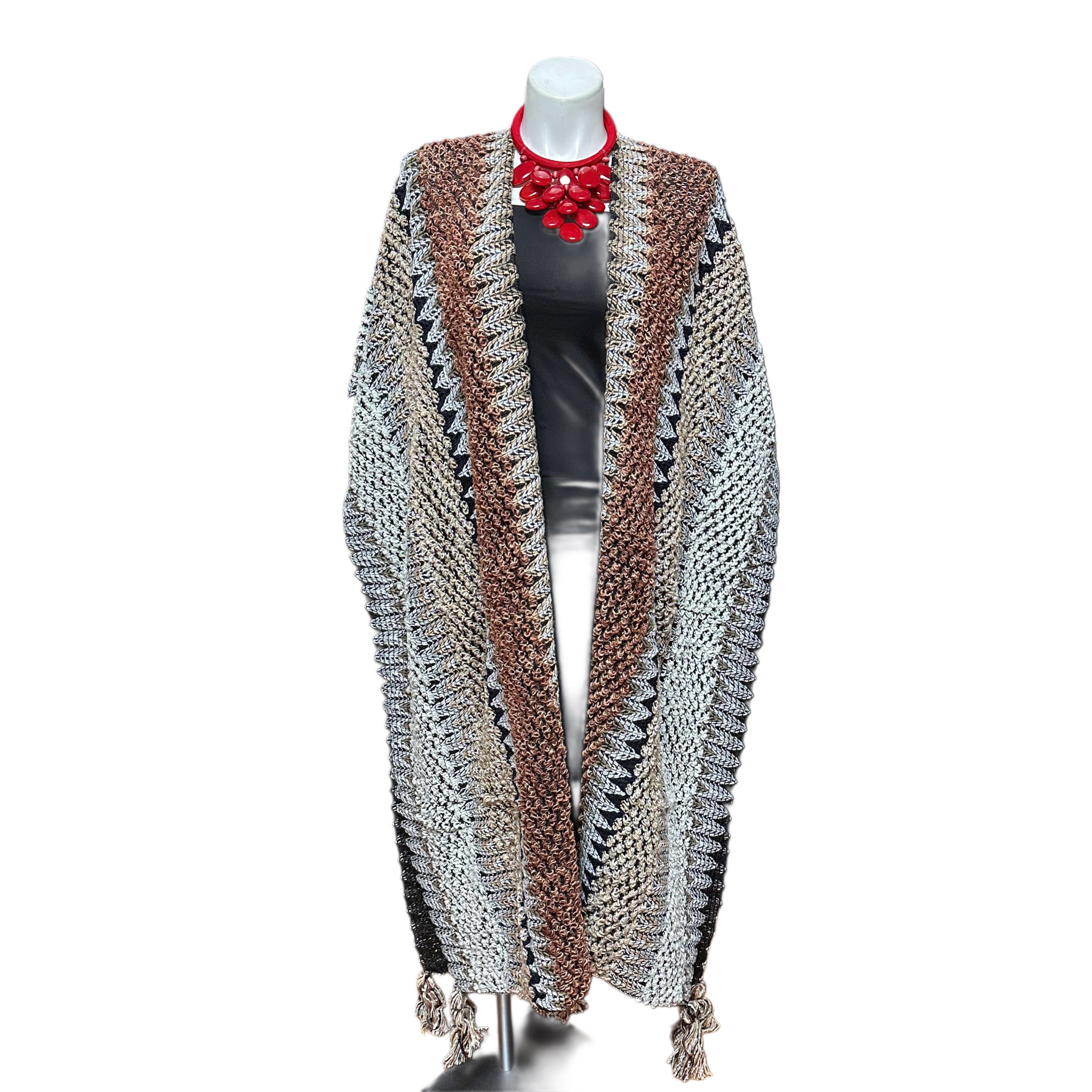 Long Knit Sweater Duster With Tassels Brown Multi