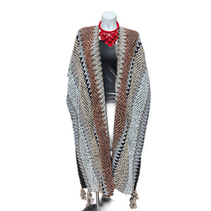 Long Knit Sweater Duster With Tassels Brown Multi