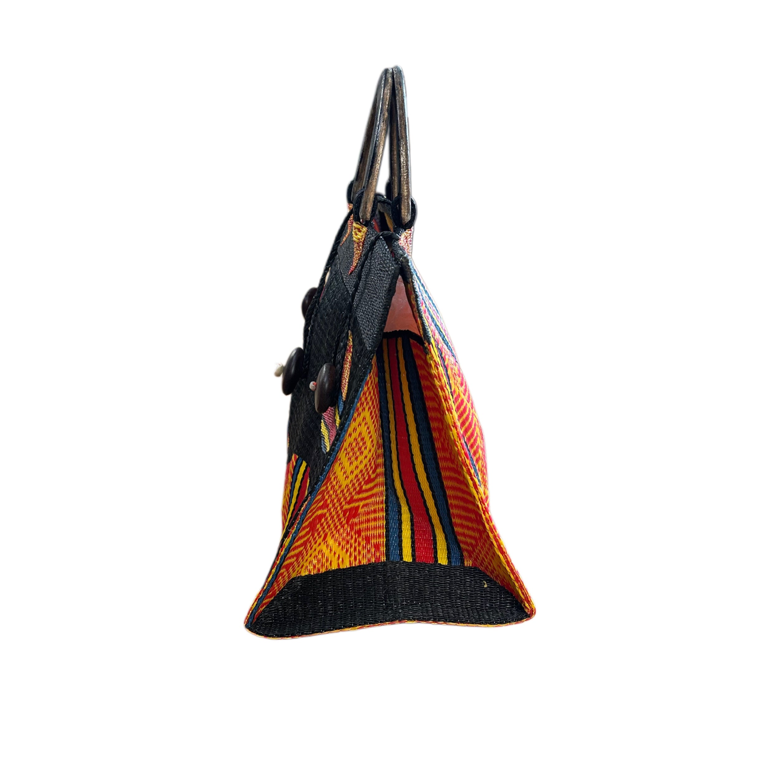 Red Handwoven Recycled Tote Bag With Carved Wood Handles