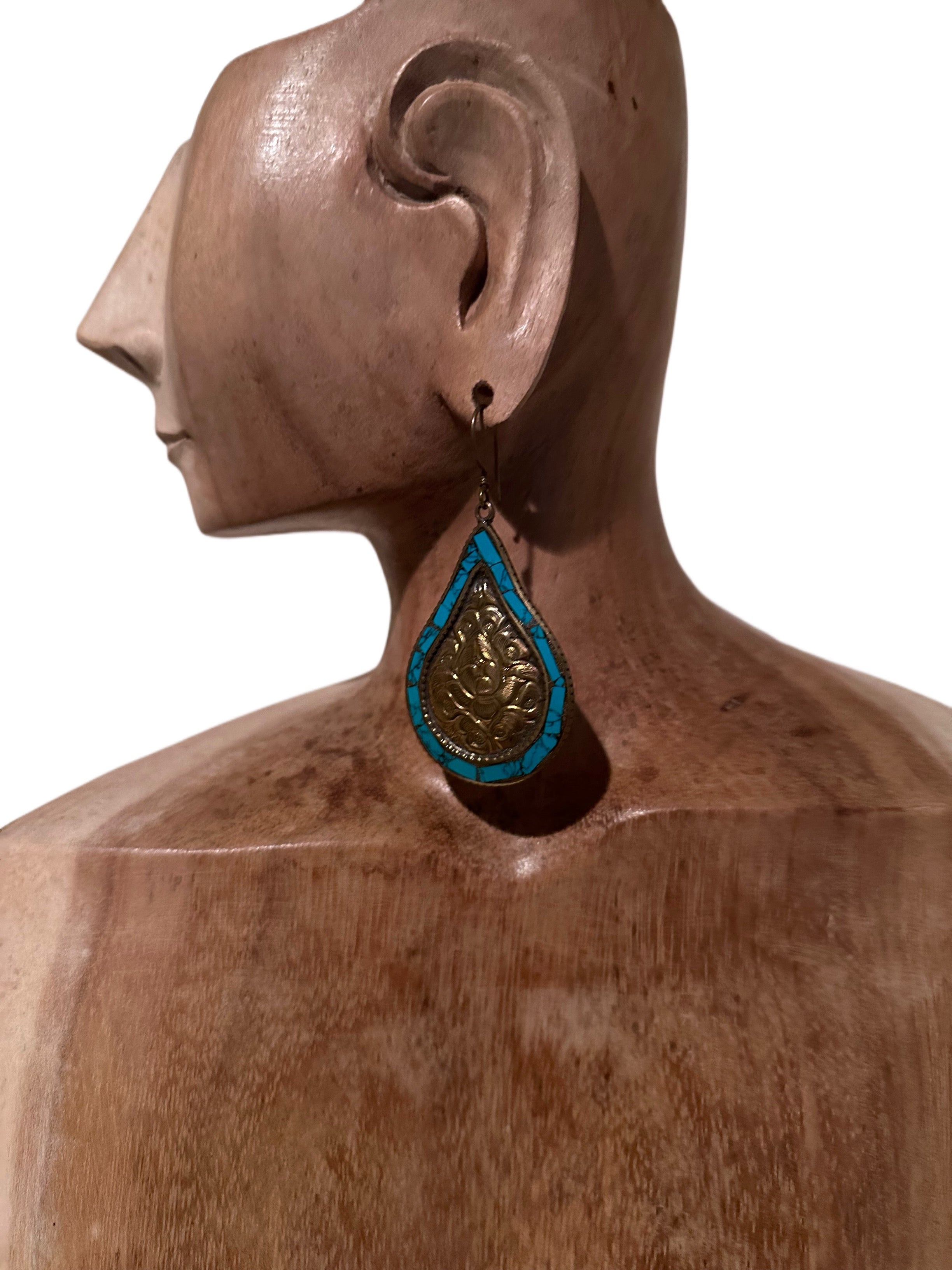 Handmade Brass & Turquoise Large Teardrop Earrings