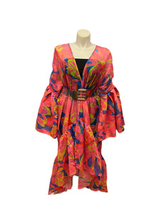 Sheer Print High Low Ruffle Sleeve Duster