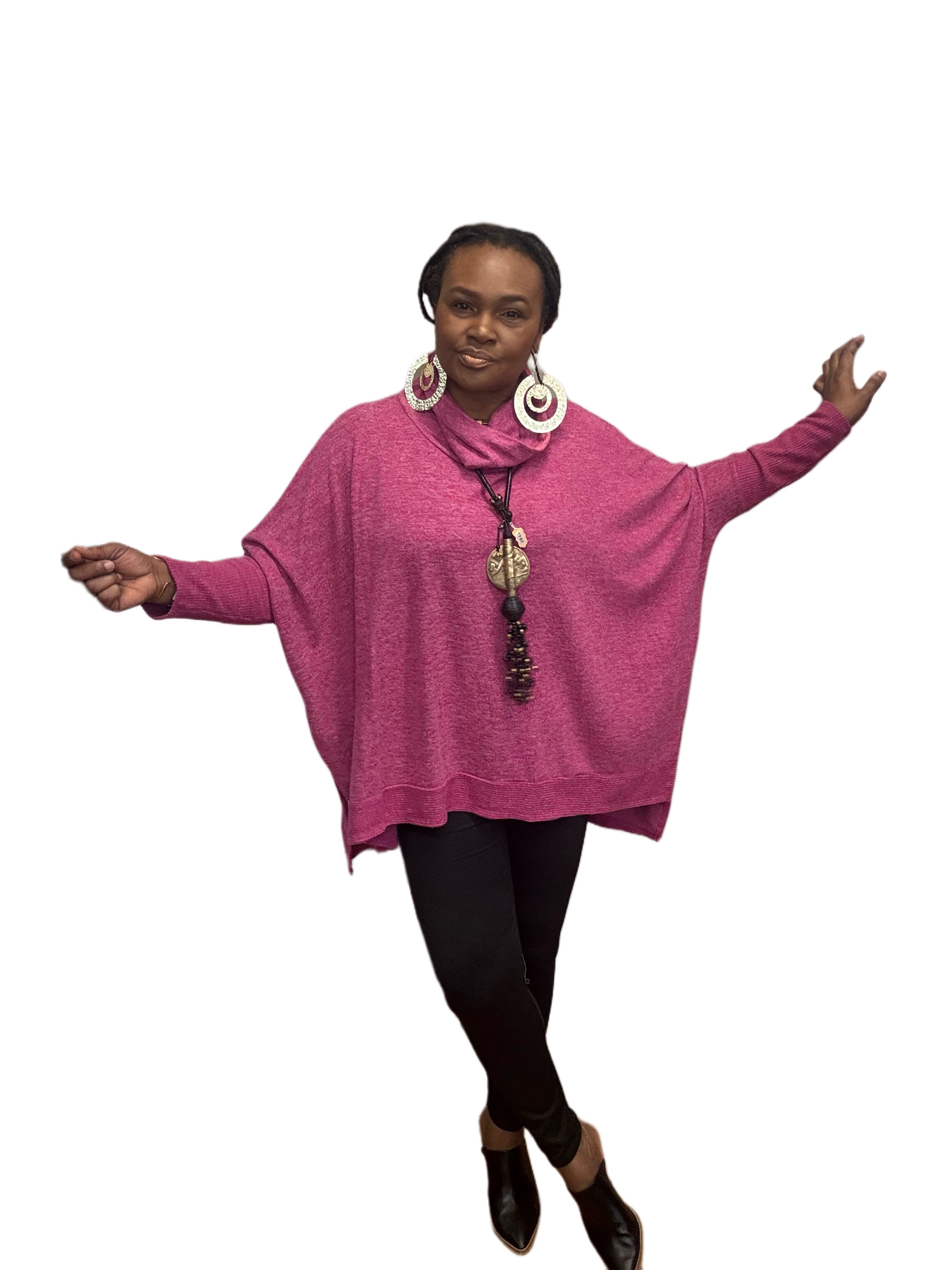 Cozy High Low Turtleneck Top Pink
