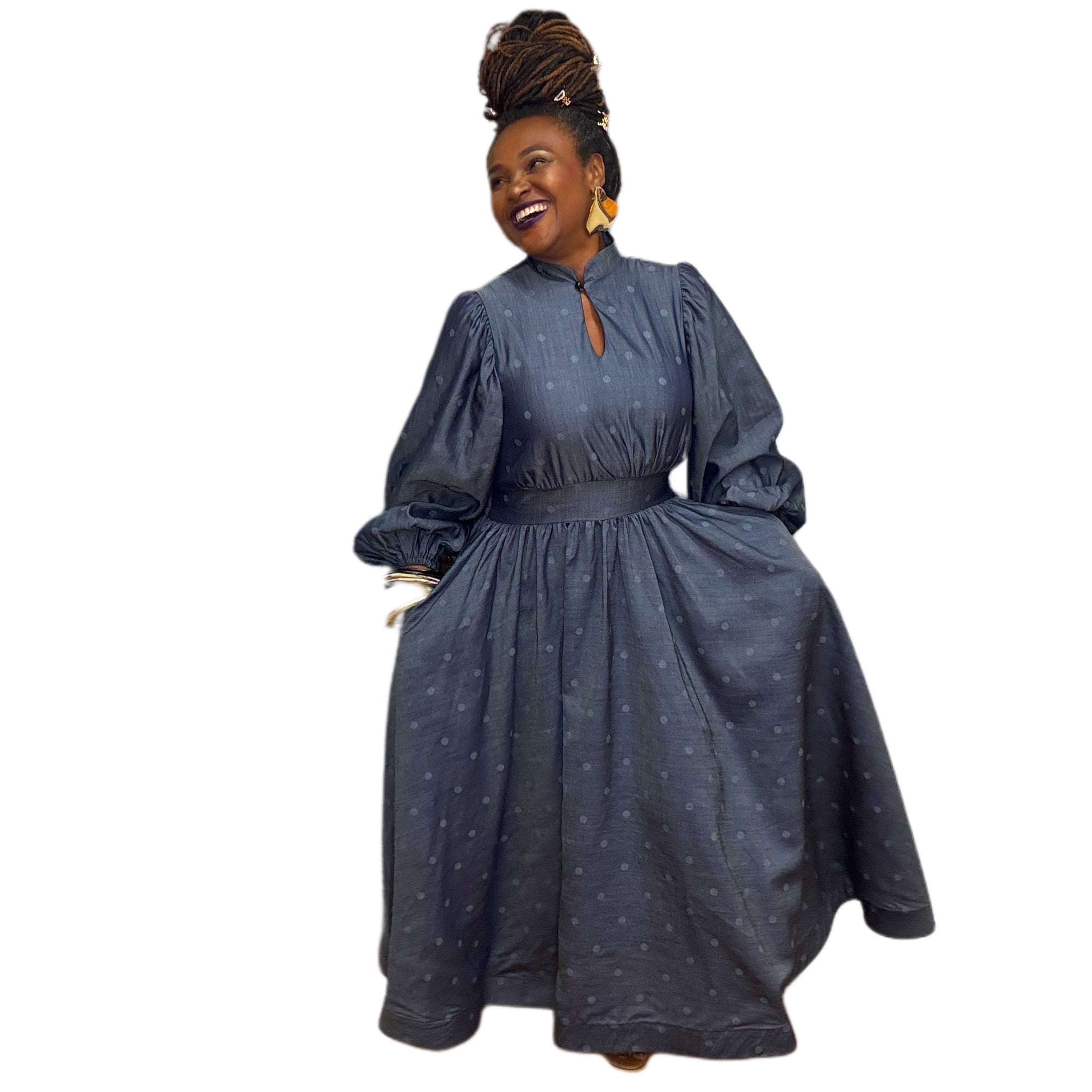 Long Sleeve Denim Subtle Dot Maxi Dress