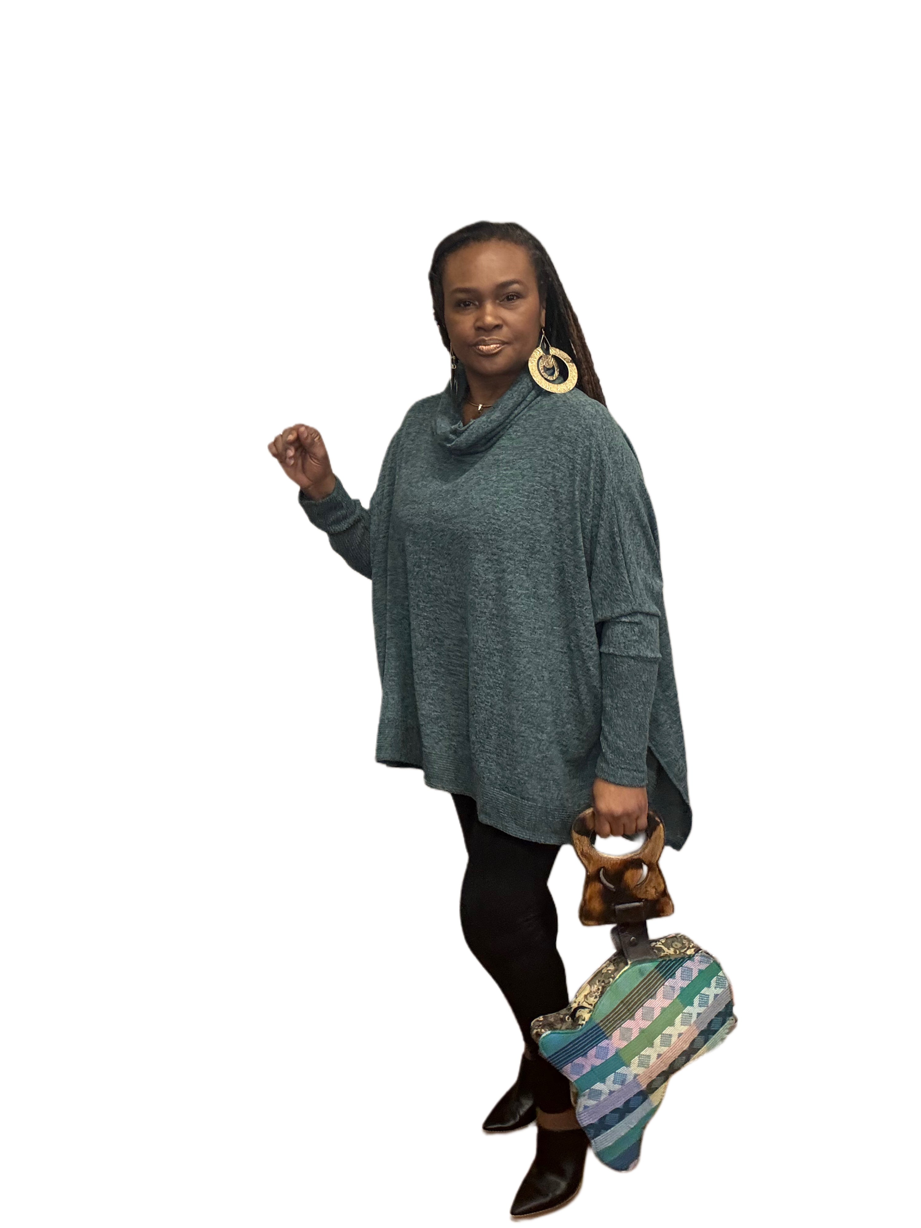 Cozy High Low Turtleneck Top Green