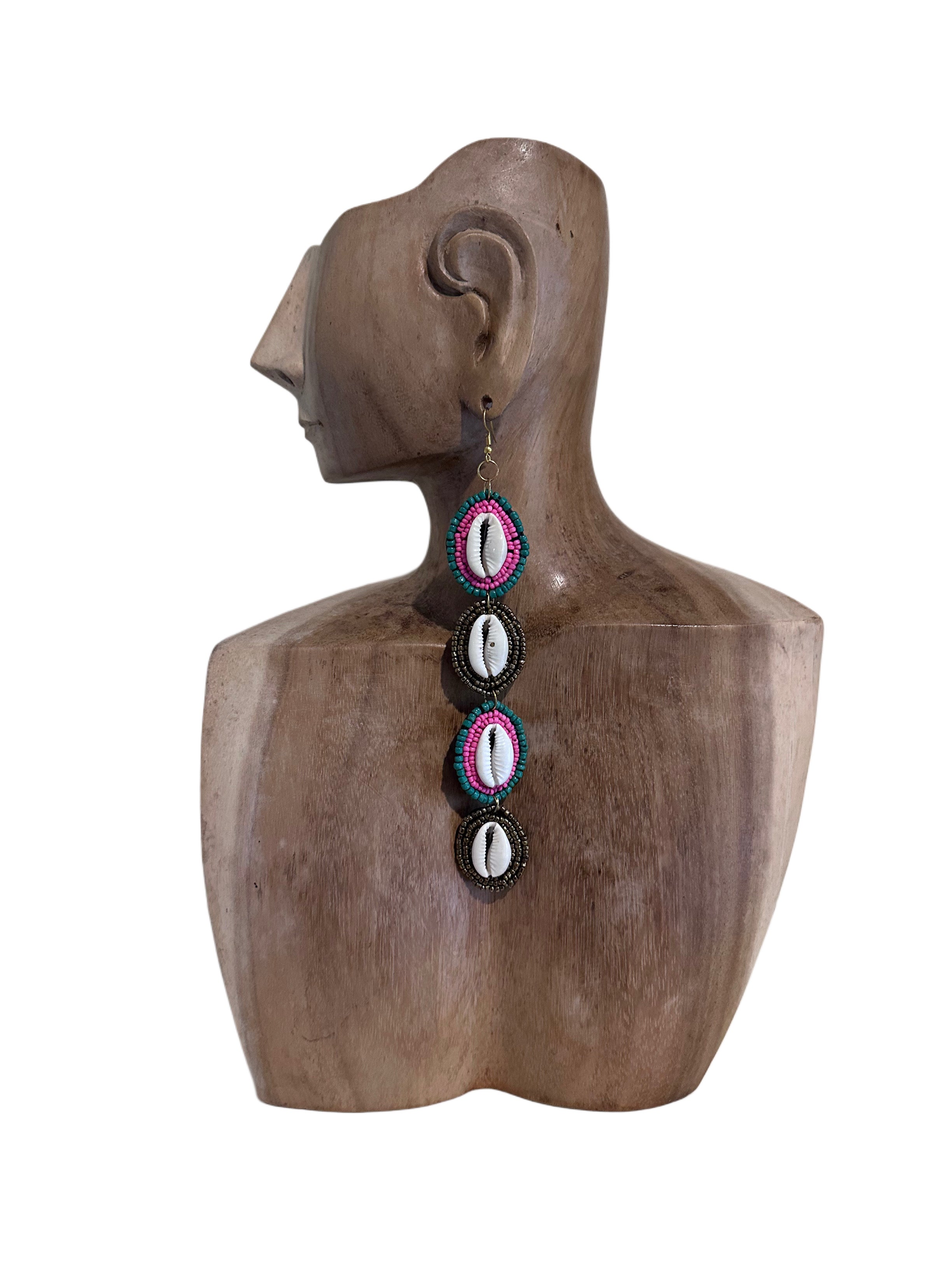 Long Handmade Beaded Cowrie Earrings Green Pink Multi