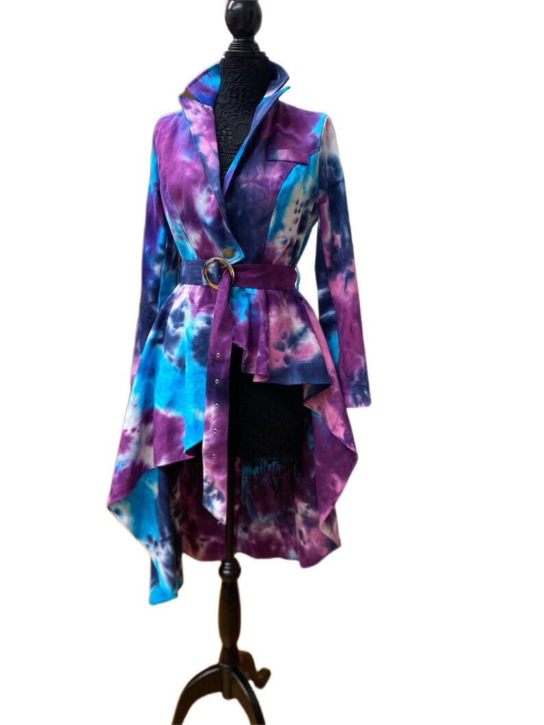 Denim Tie-Dye Peplum Belted Jacket