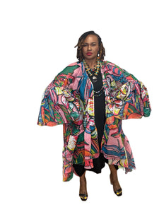 Sheer Print High Low Ruffle Sleeve Duster